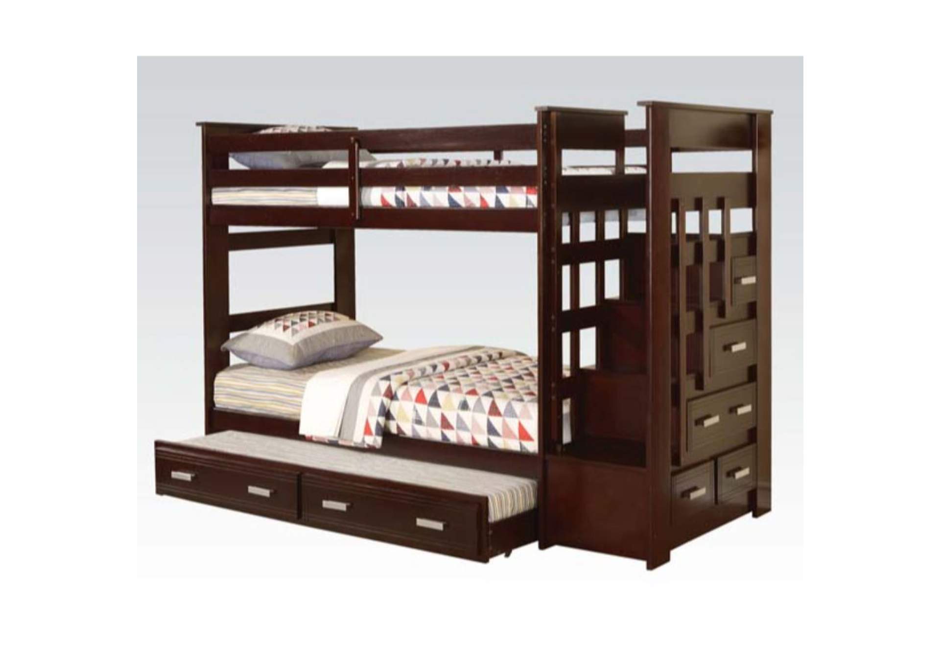 Allentown Twin-Twin Bunk Bed with Storage Ladder and Trundle, Espresso - 1 Set in 4 Cartons image 1
