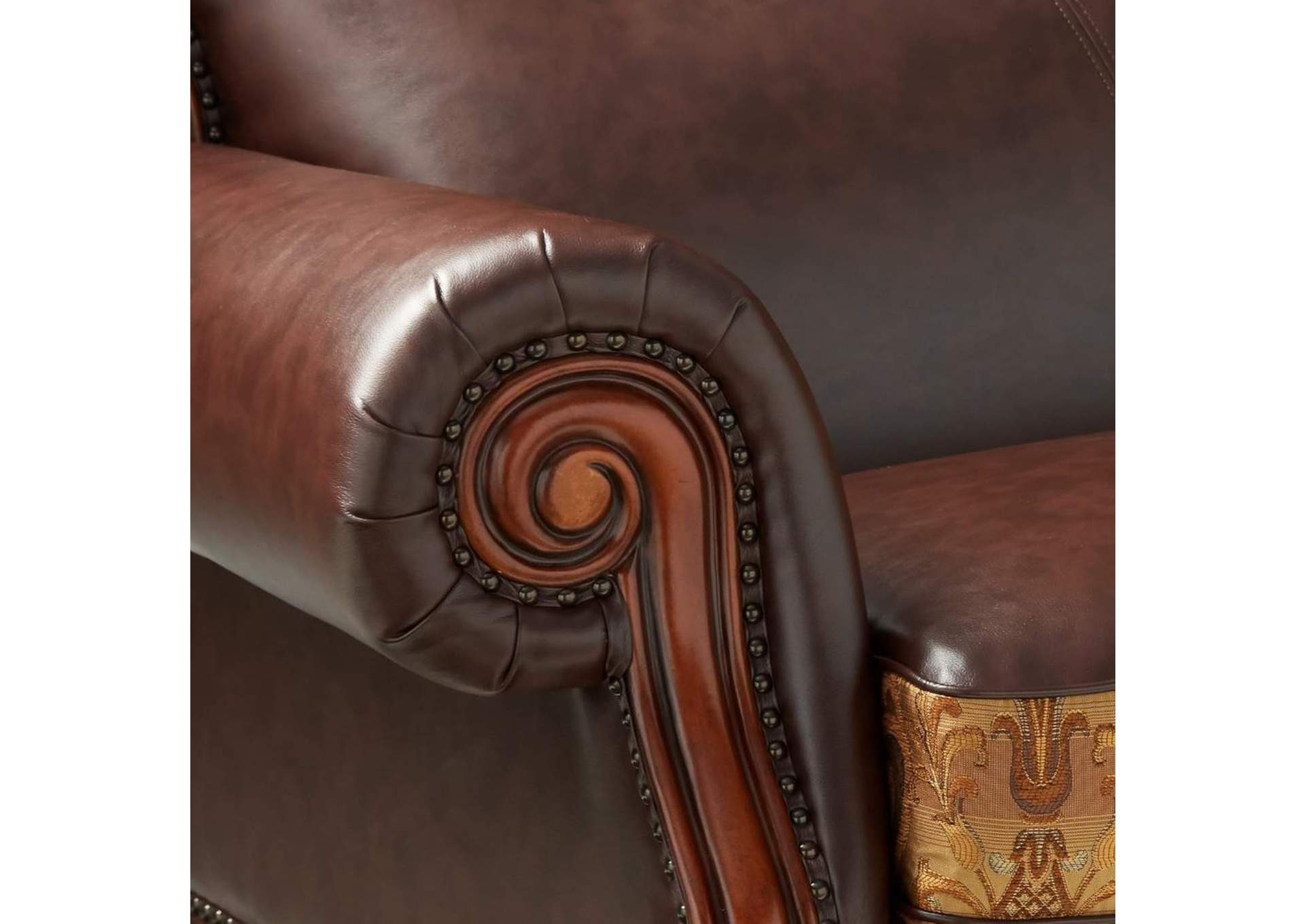 Dresden Sofa with 3 Pillows, Brown Pu and Chenille, Cherry Oak