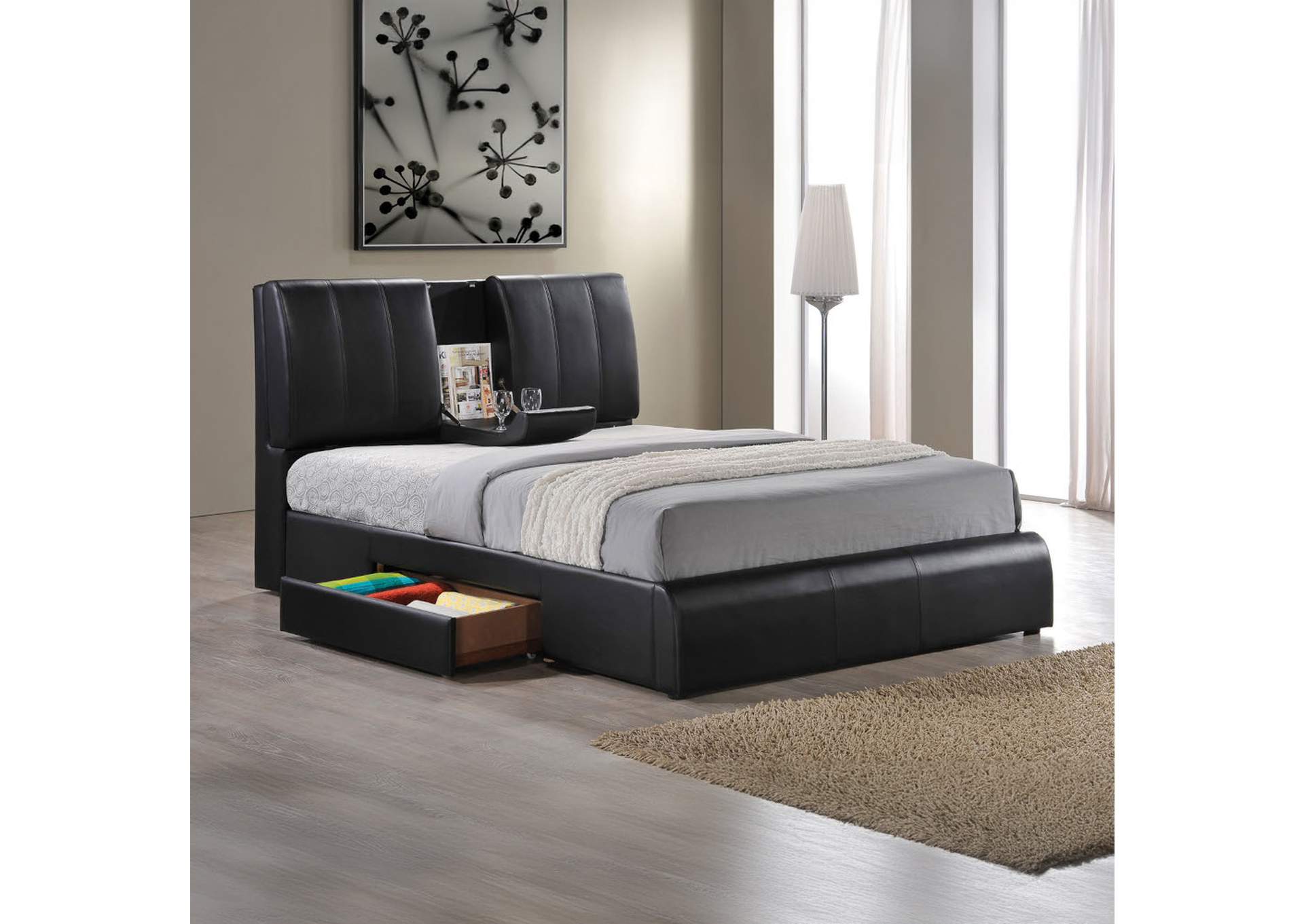 Kofi Queen Bed with Storage, Black Pu - 1 Set in 4 Cartons image 1