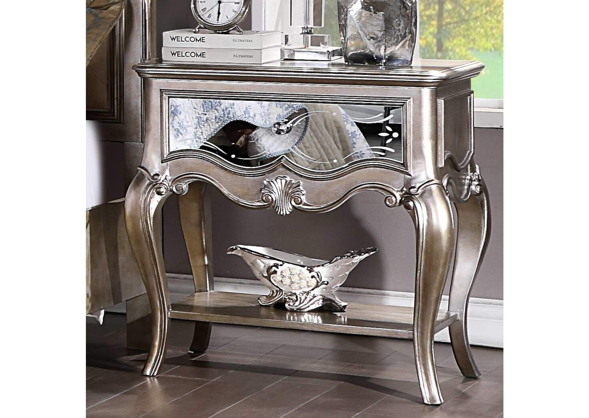 Esteban Nightstand - 1 Drw - 22207 - Glam - Wood - Poplar, Poly-Resin, Mdf, Pb - Antique Champagne image 1