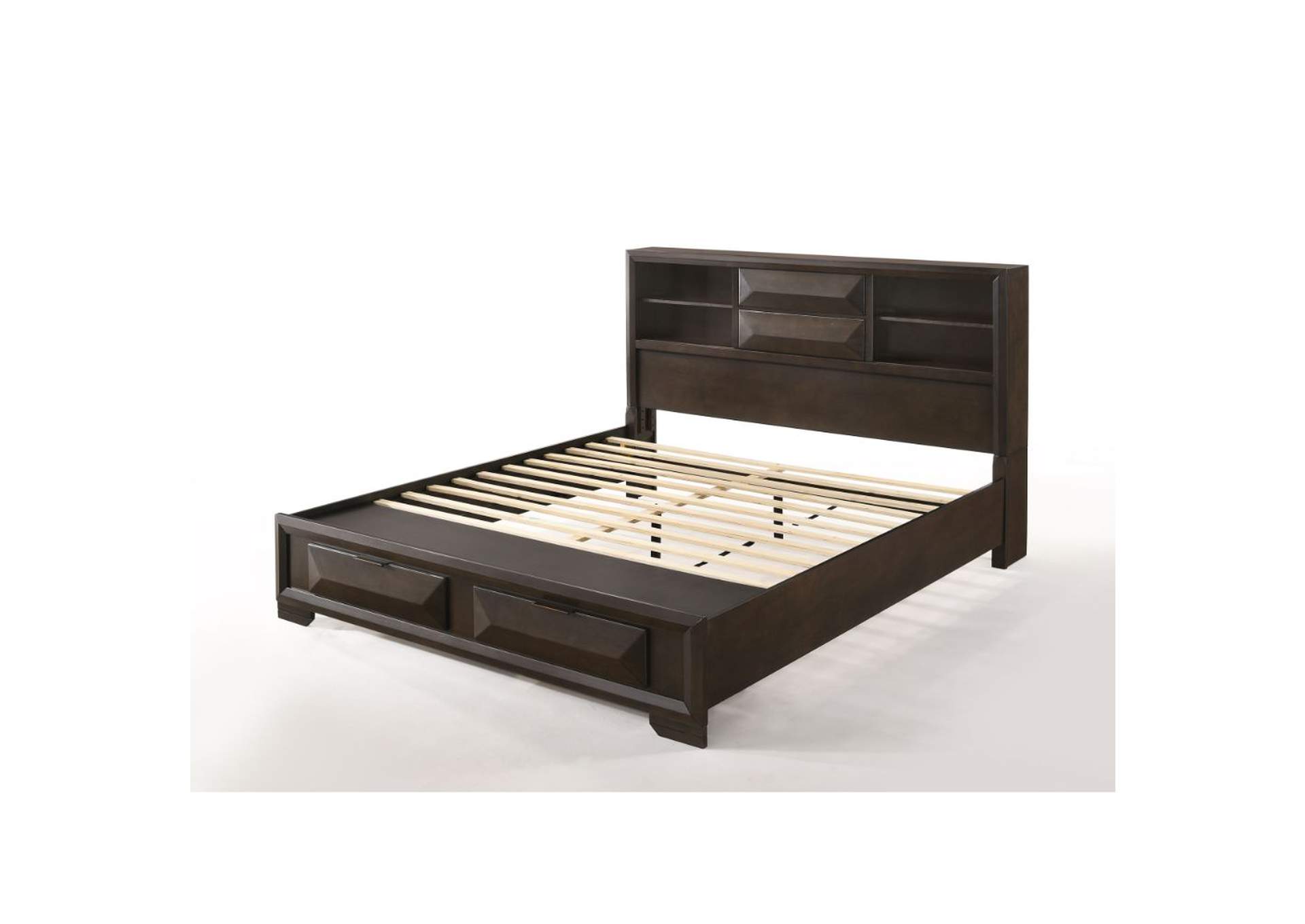 Merveille Eastern King Bed with Storage, Espresso - 1 Set in 3 Cartons image 1