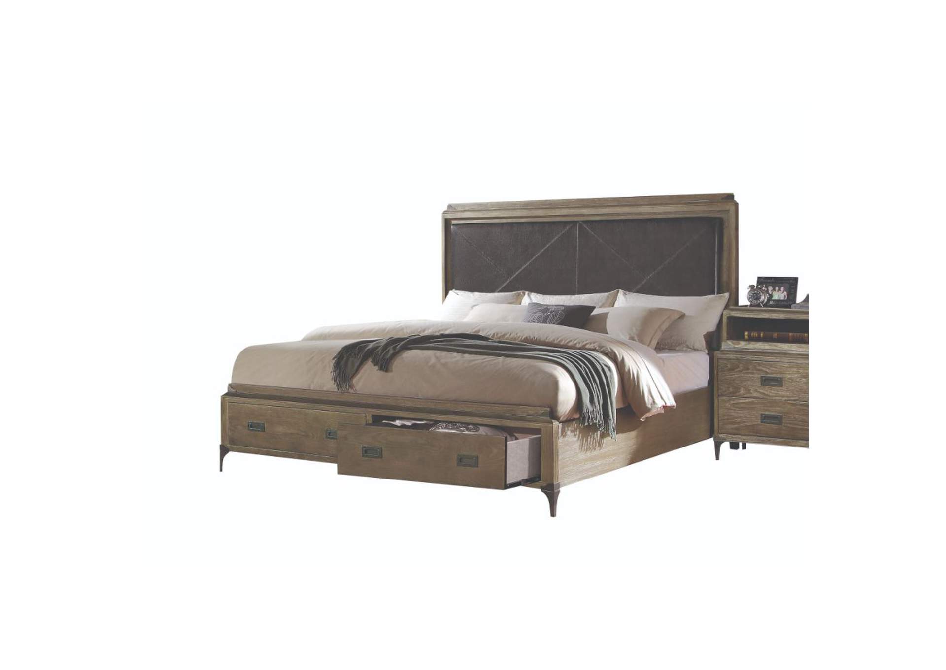 Athouman Eastern King Bed with Storage, Pu and Weathered Oak - 1 Set in 3 Cartons image 1