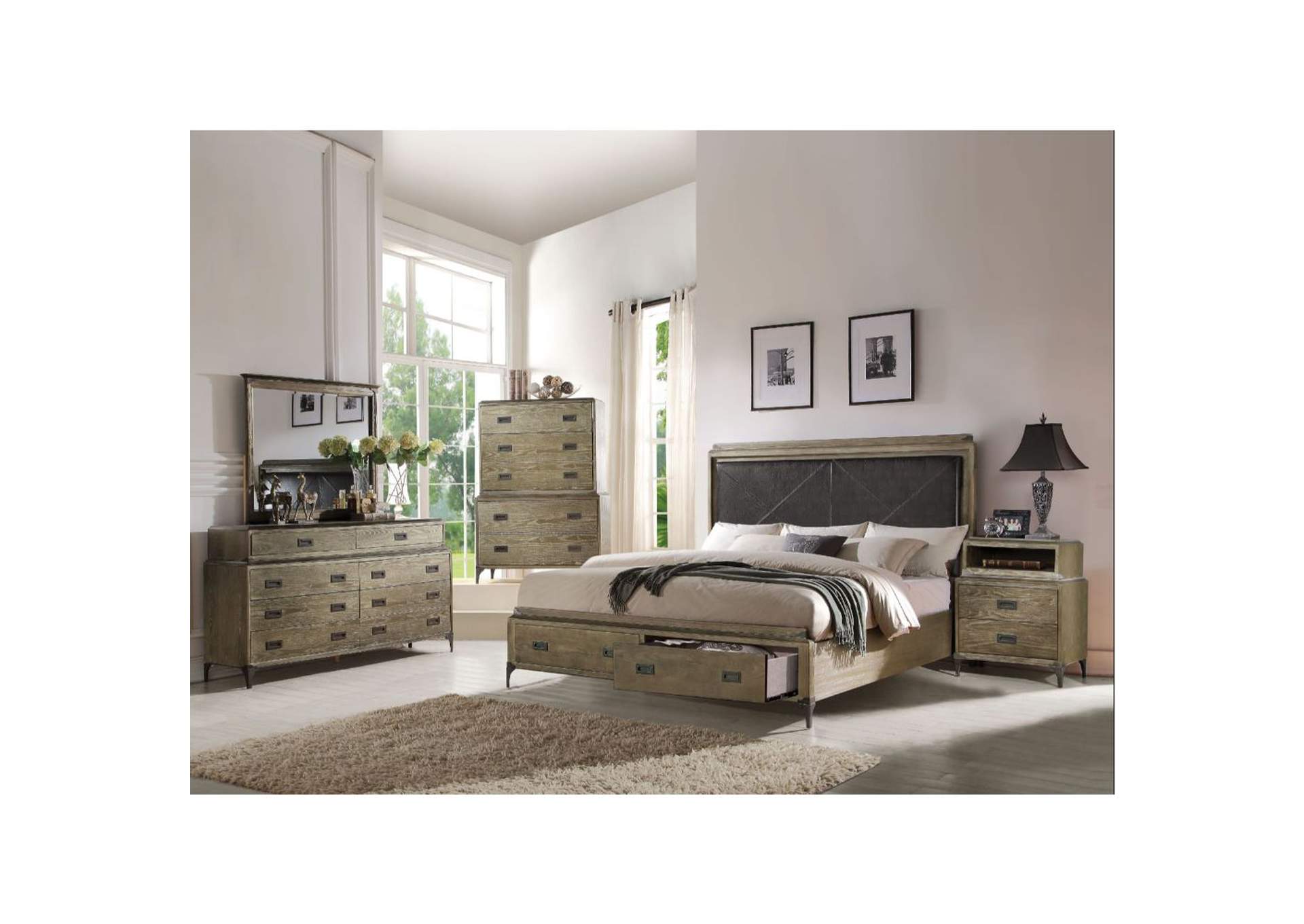 Athouman Eastern King Bed with Storage, Pu and Weathered Oak - 1 Set in 3 Cartons image 3