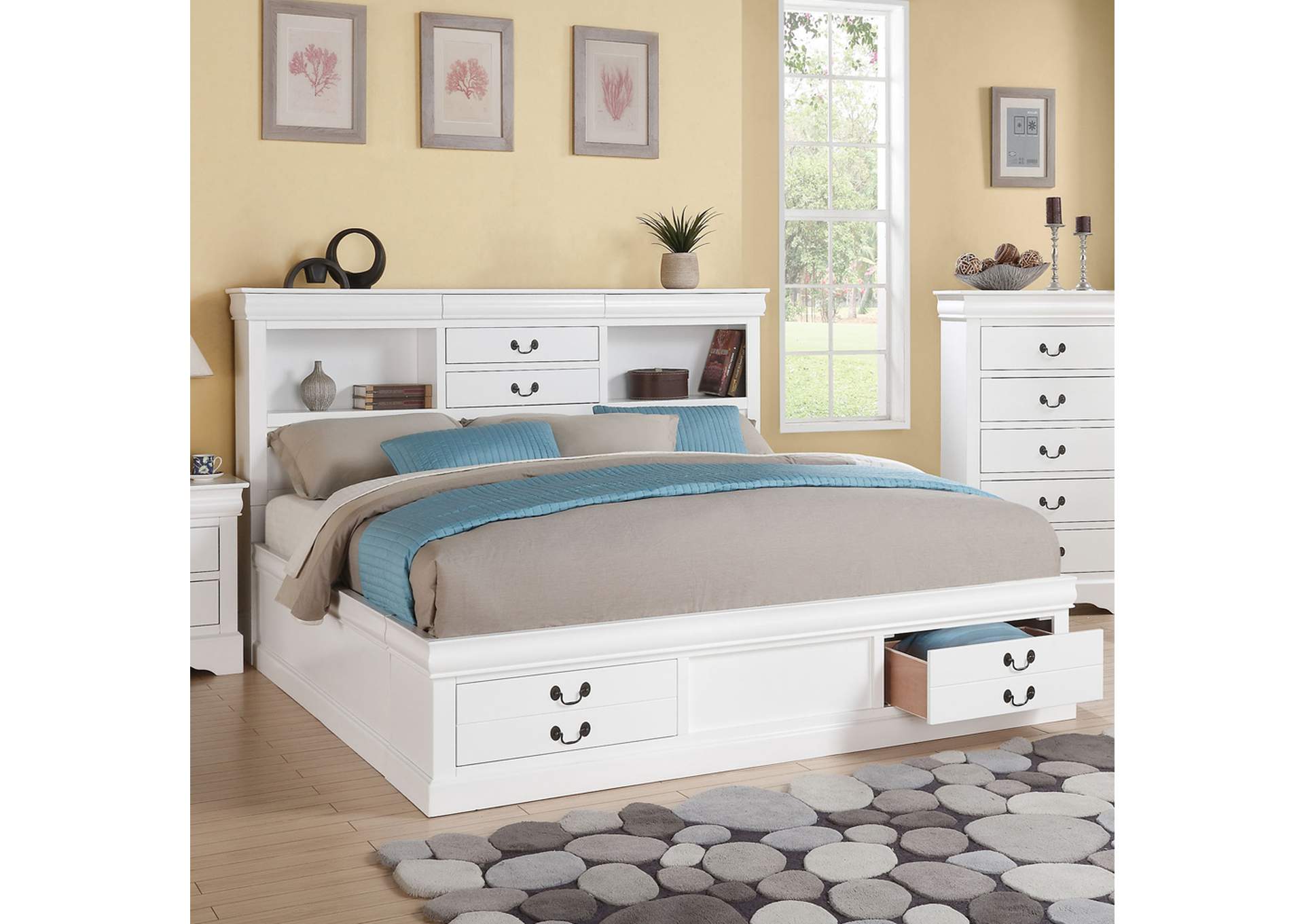 Louis Philippe Iii Eastern King Bed with Storage, White - 1 Set in 3 Cartons image 1