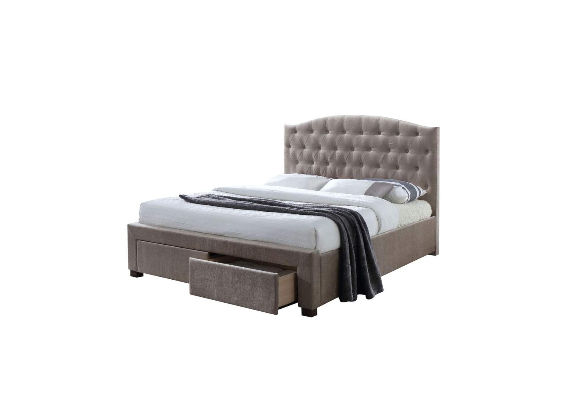 Denise Eastern King Bed with Storage, Mink Fabric - 1 Set in 5 Cartons image 1