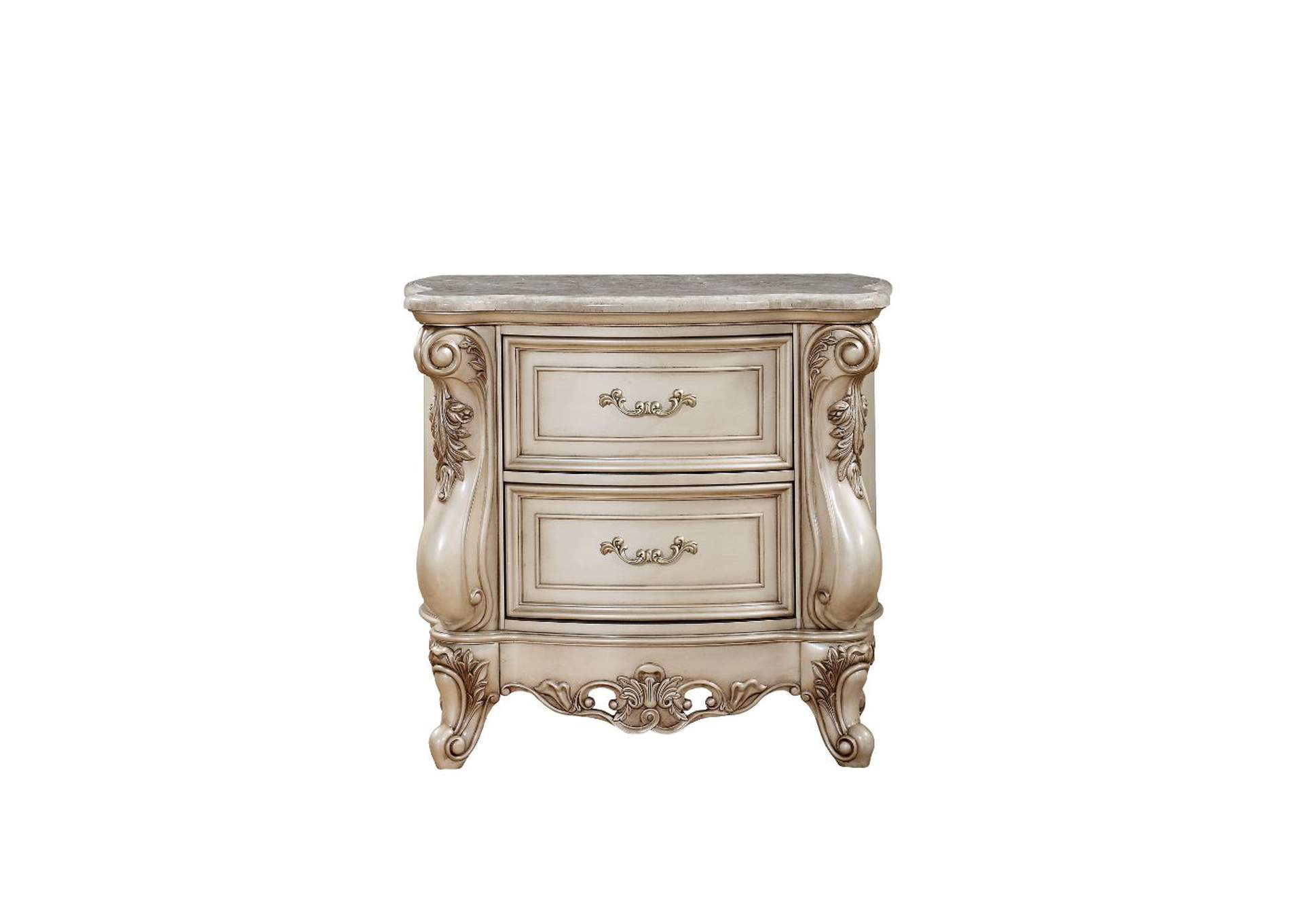 Gorsedd Nightstand with Marble Top, Marble and Antique White