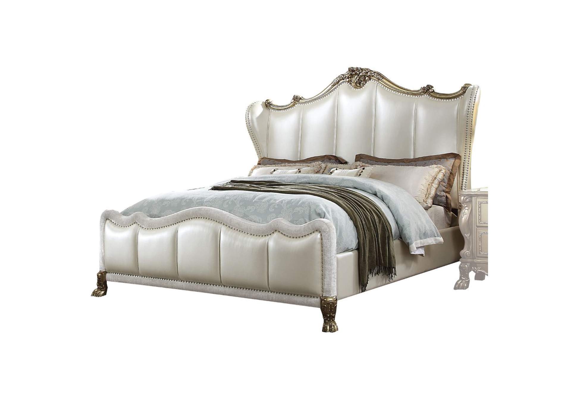 Dresden Ii Eastern King Bed, Pearl White Pu and Gold Patina - 1 Set in 3 Cartons image 1