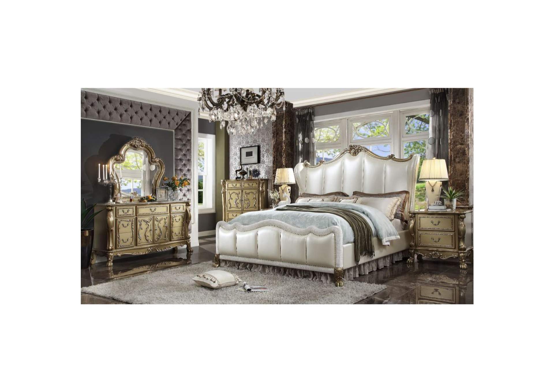 Dresden Ii Queen Bed, Pearl White Pu and Gold Patina - 1 Set in 3 Cartons image 1
