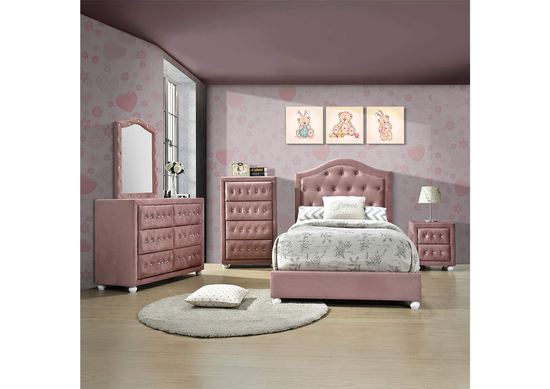 Reggie Nightstand - 30823 - Transitional, Vintage - Polyester Fabric, Wood Leg - Rbw, Frame: Wood - Tropical Wood, Mdf, Chipboard, Foam - Pink Fabric