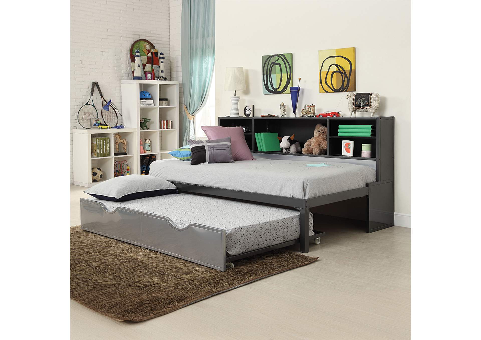 Renell Twin Bed with Bookcase and Trundle, Black and Silver image 1