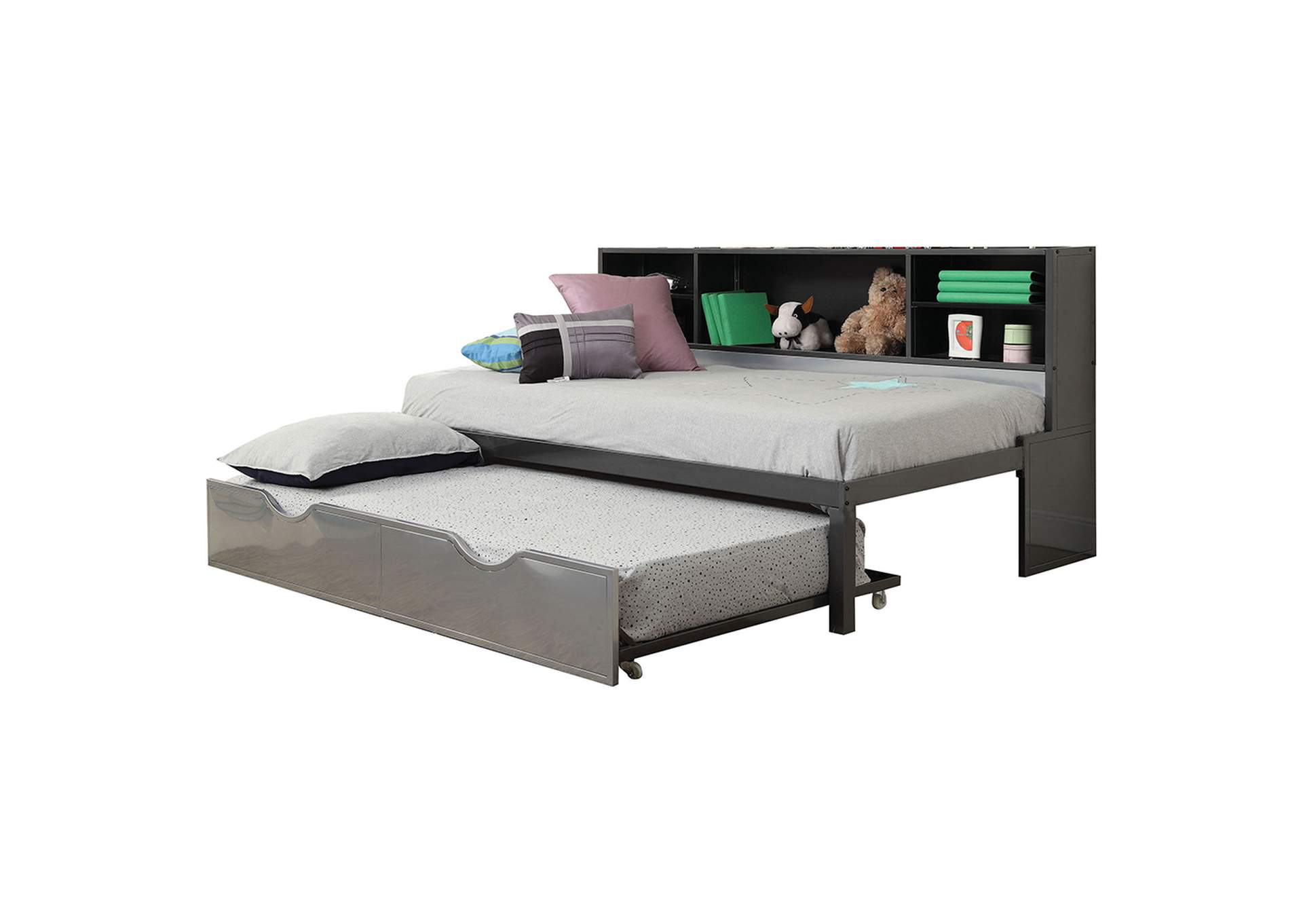 Renell Twin Bed with Bookcase and Trundle, Black and Silver image 3
