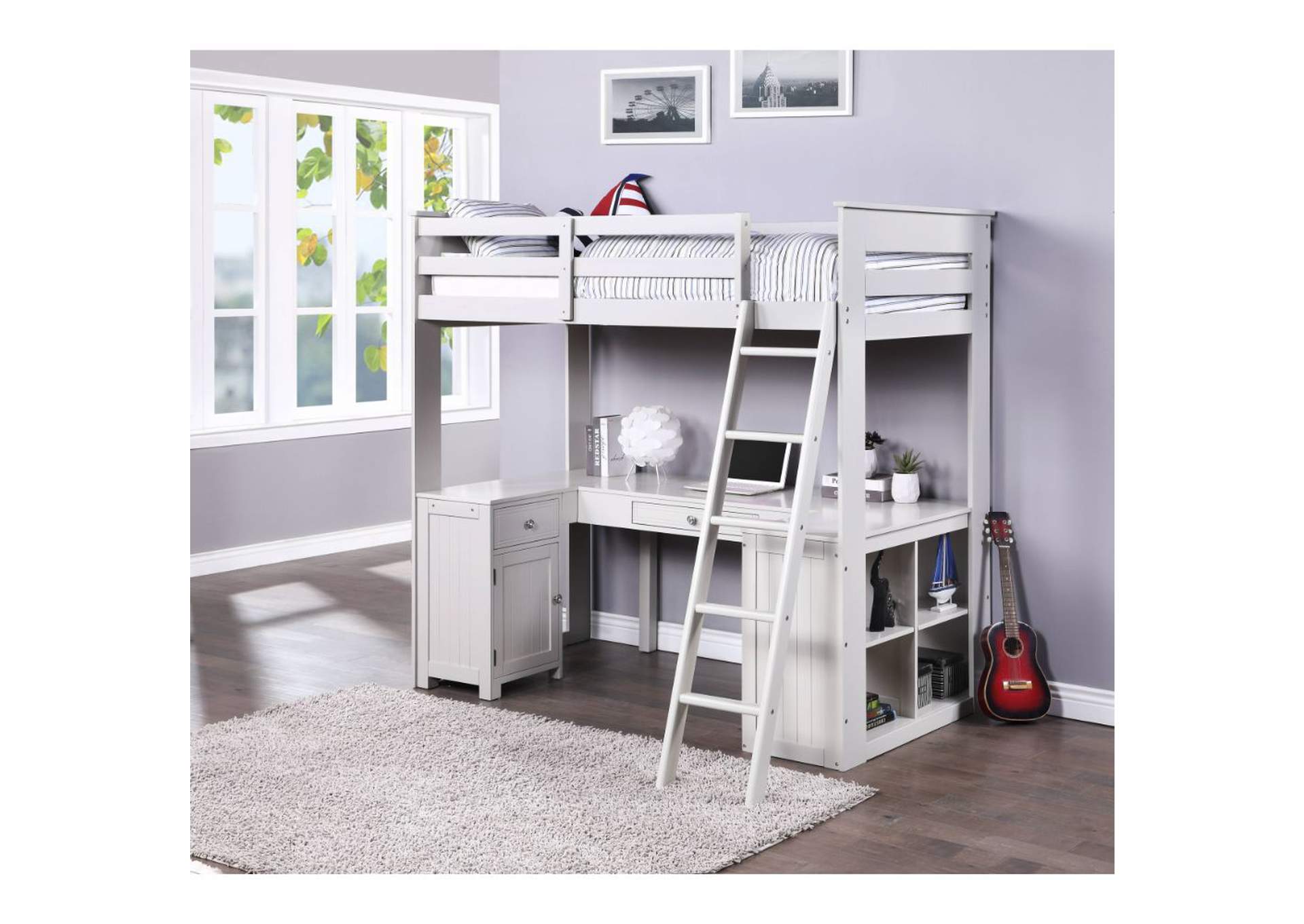 Ambar Loft Bed with Chest, Desk and Bookcase - 38065 - Cottage - Wood - Pine, Mdf - Light Gray image 7