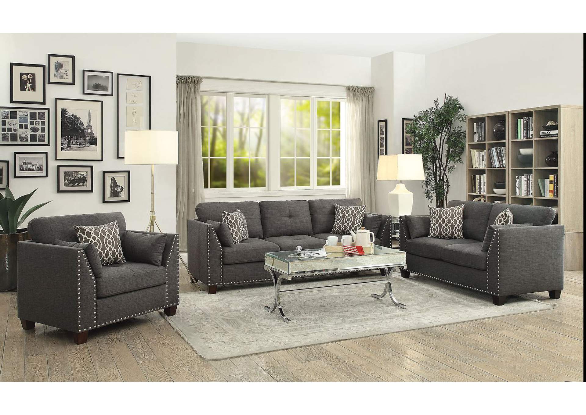 Laurissa Sofa with 4 Pillows, Light Charcoal Linen