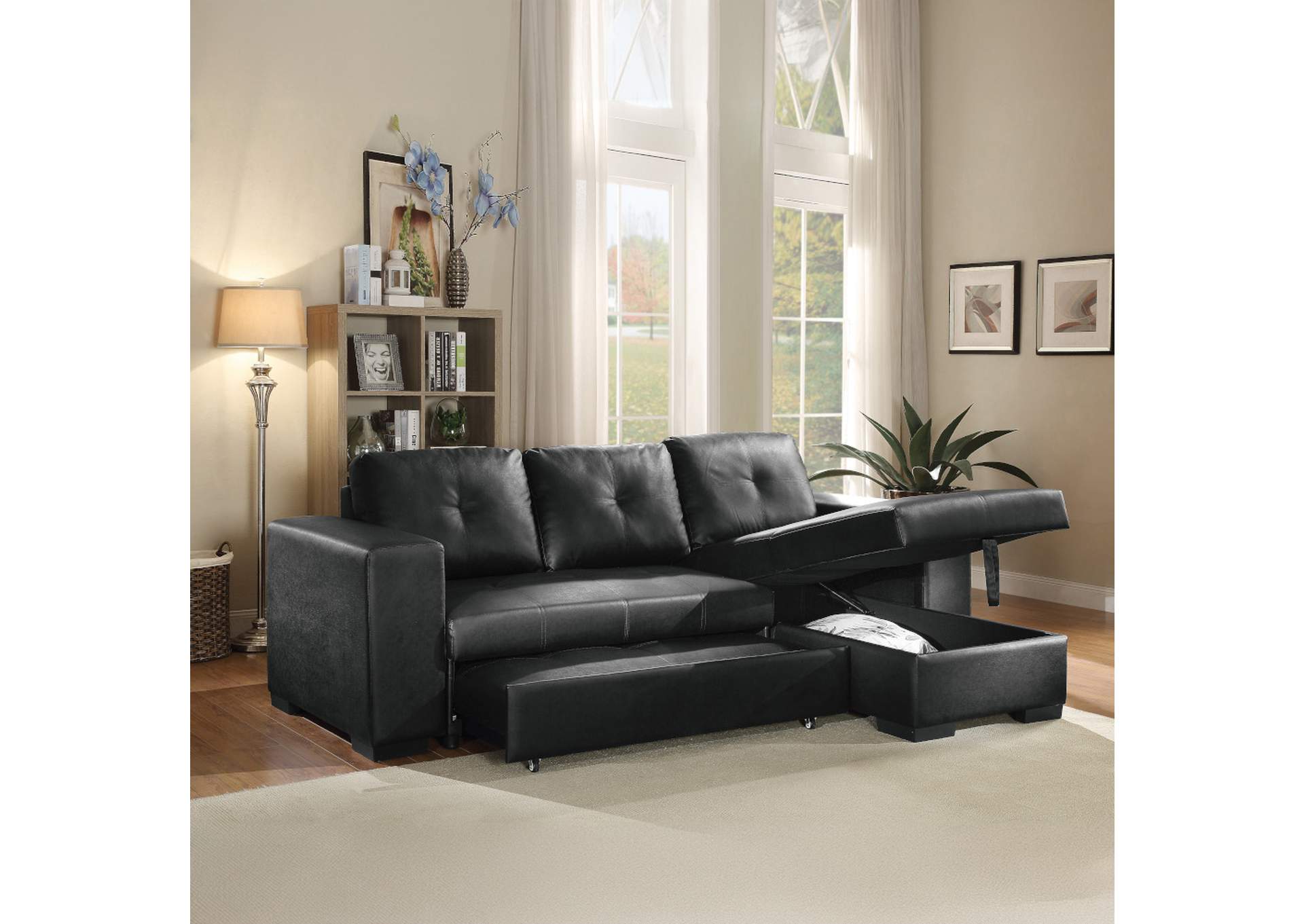 Lloyd Sectional Sofa with Sleeper, Black Pu - 1 Set in 2 Cartons image 3