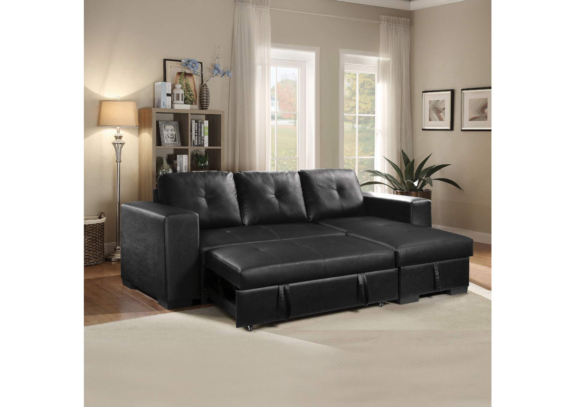 Lloyd Sectional Sofa with Sleeper, Black Pu - 1 Set in 2 Cartons image 4
