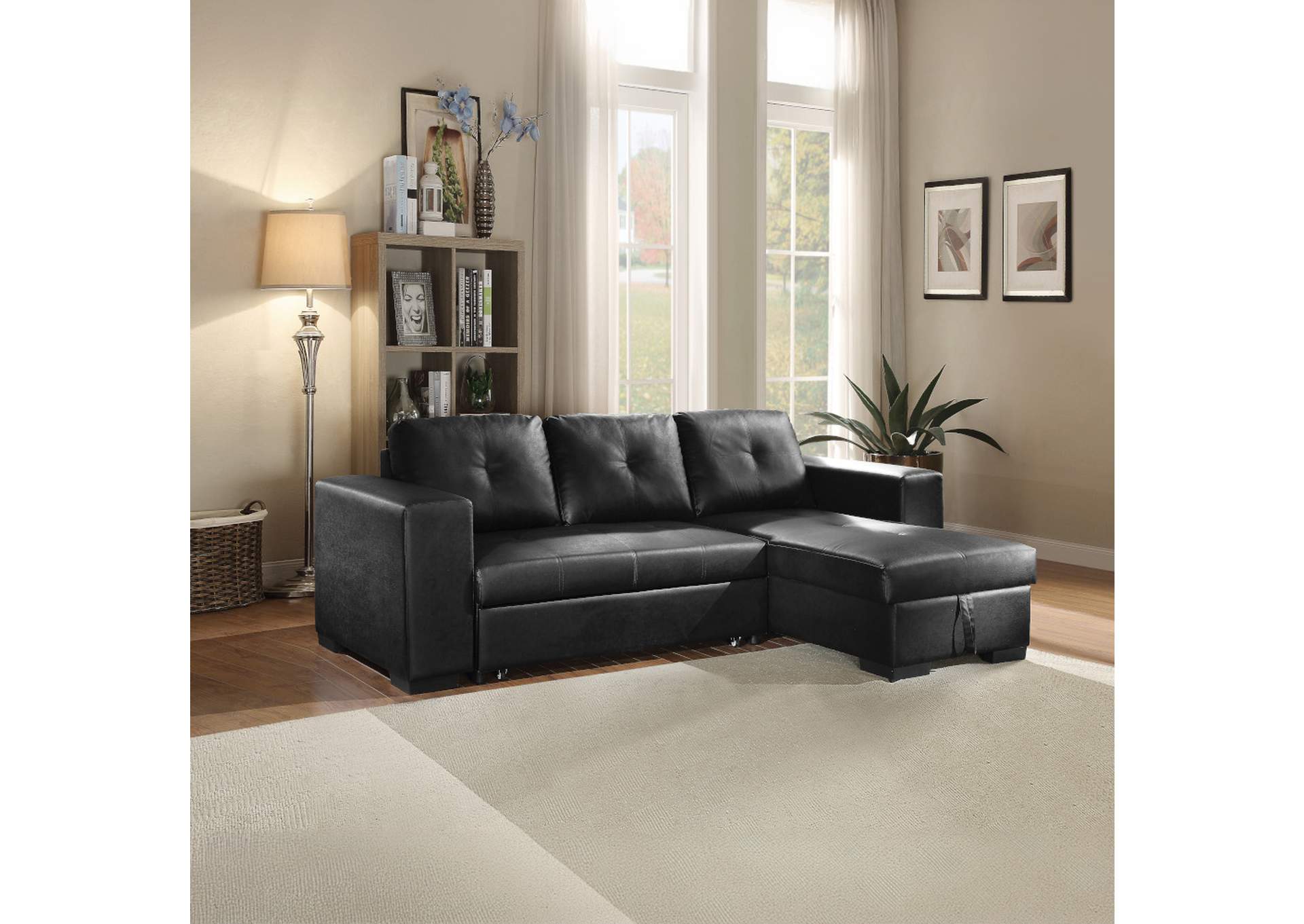 Lloyd Sectional Sofa with Sleeper, Black Pu - 1 Set in 2 Cartons image 1