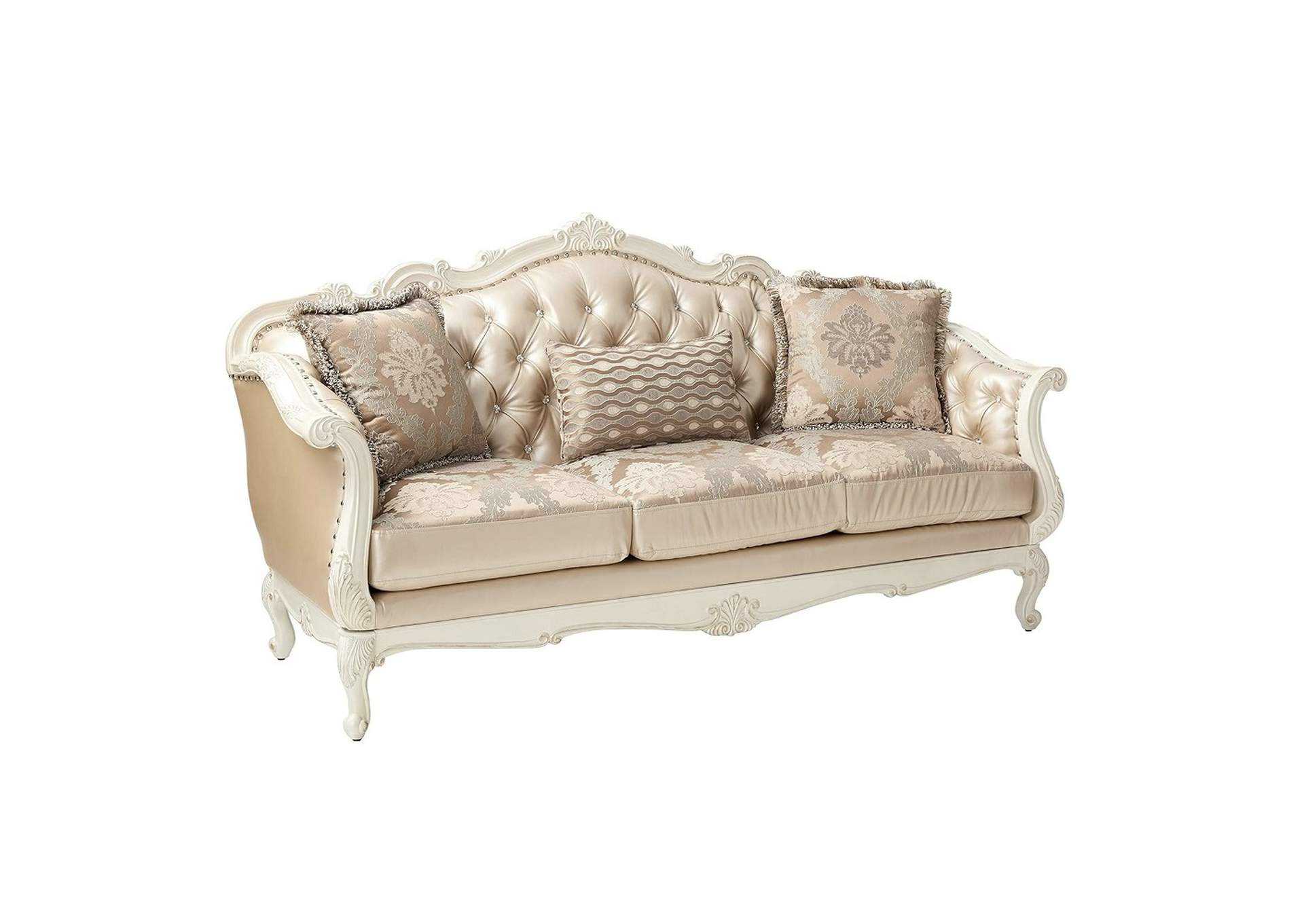 Chantelle Sofa with 3 Pillows, Rose Gold Pu-Fabric and Pearl White