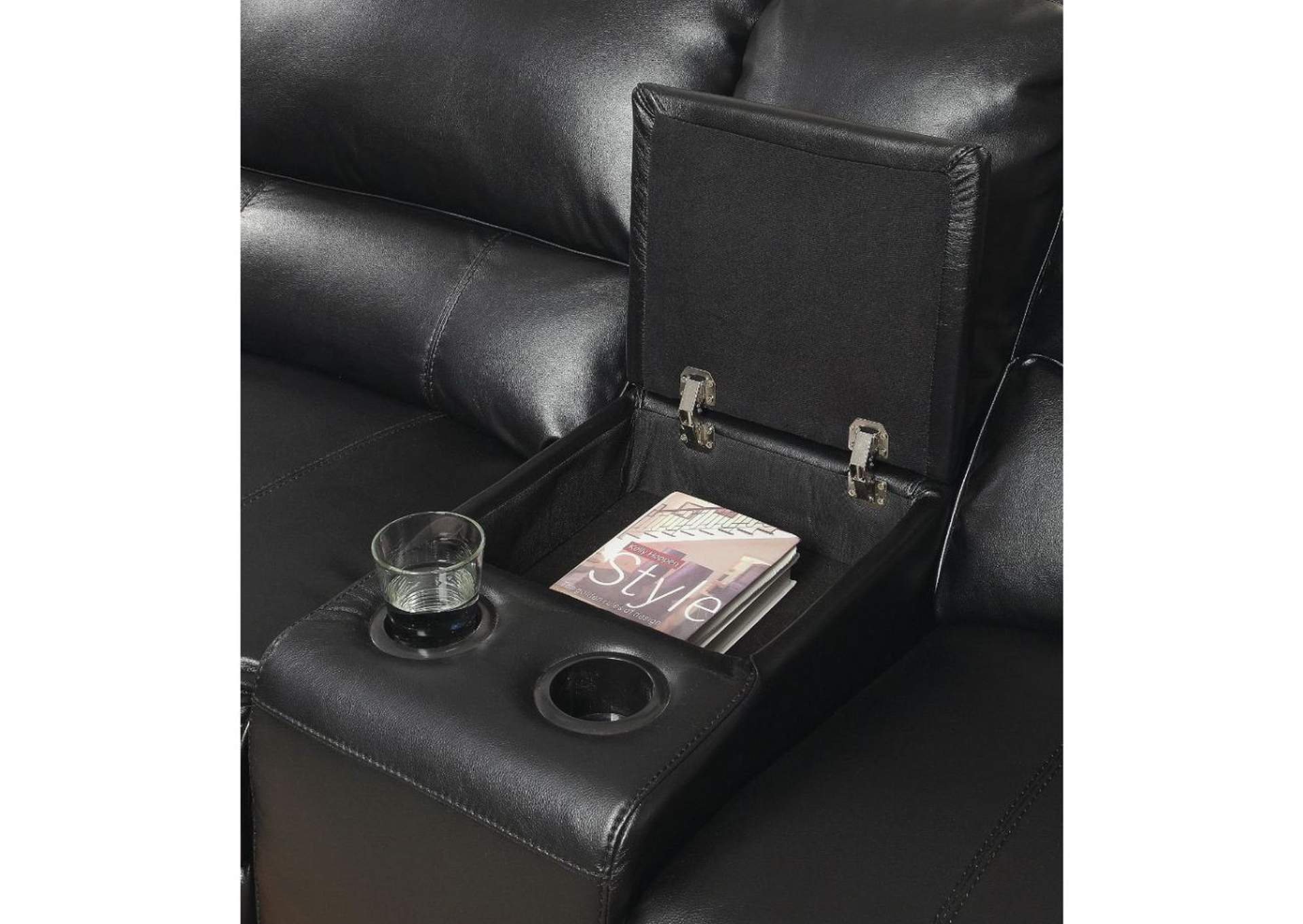 Saul Sectional Sofa - Power Motion- USB Dock, Black Leather-Aire - 1 Set in 6 Cartons