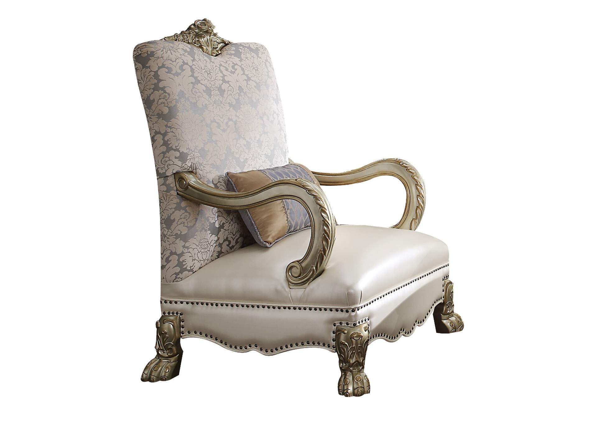 Dresden Ii Accent Chair with 1 Pillow, Bone Pu-Fabric and Gold Patina