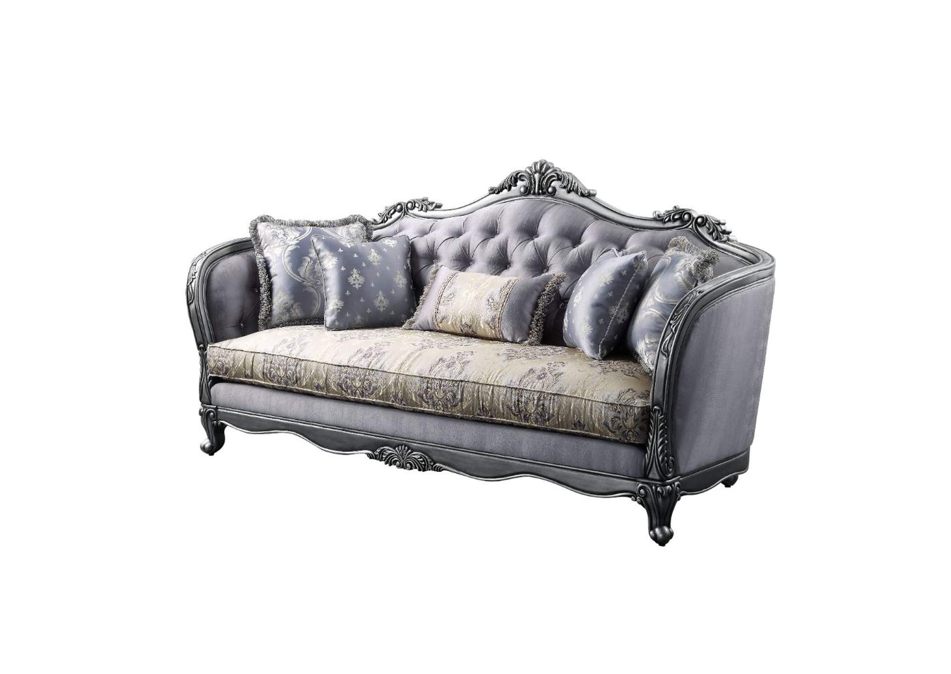 Ariadne Sofa with 5 Pillows - 55345 - Traditional - Pu, Wood Molding-Leg - Poplar, Frame: Wood - Poplar, Poly-Resin, Foam - Fabric and Platinum image 1