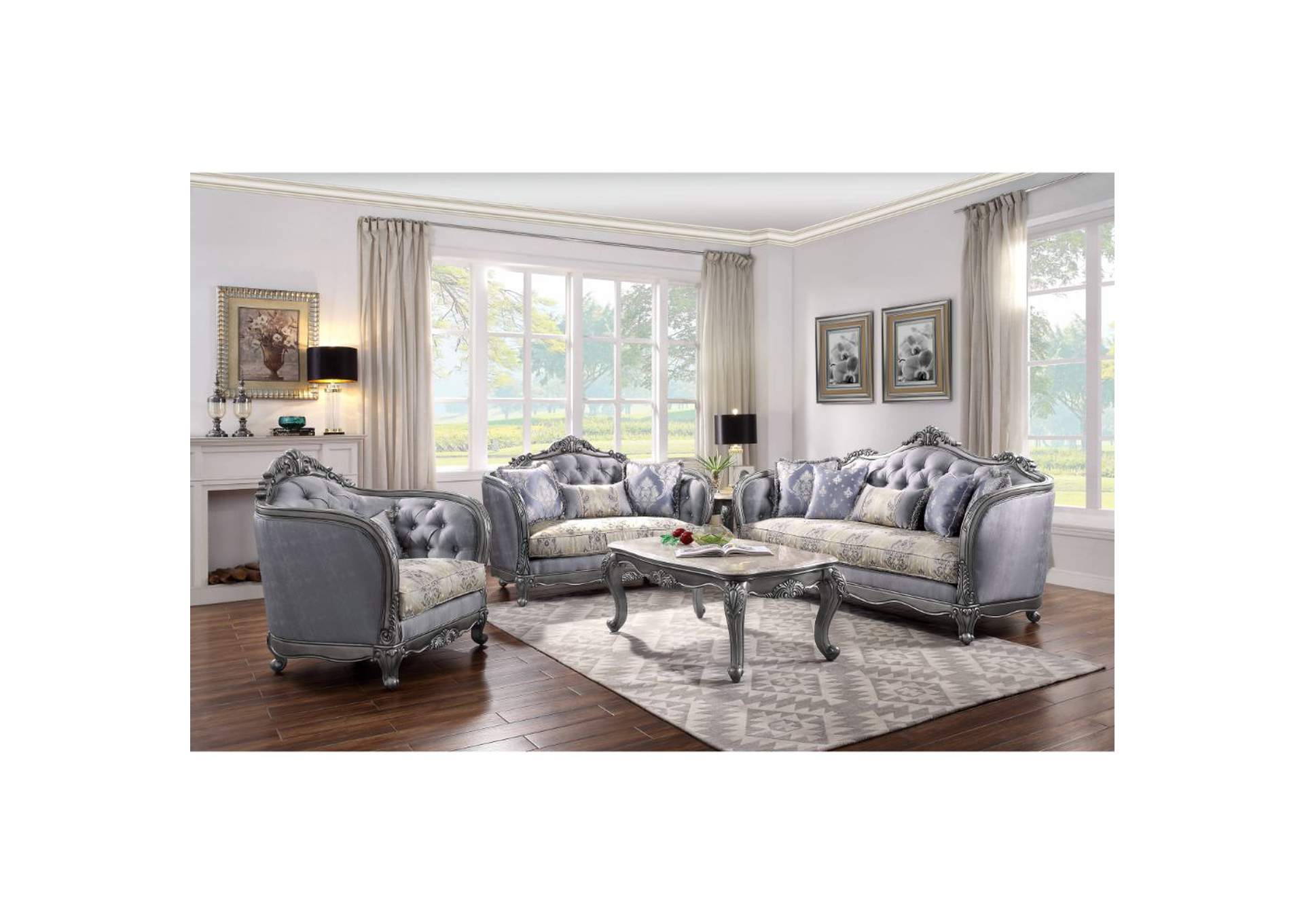 Ariadne Sofa with 5 Pillows - 55345 - Traditional - Pu, Wood Molding-Leg - Poplar, Frame: Wood - Poplar, Poly-Resin, Foam - Fabric and Platinum image 6