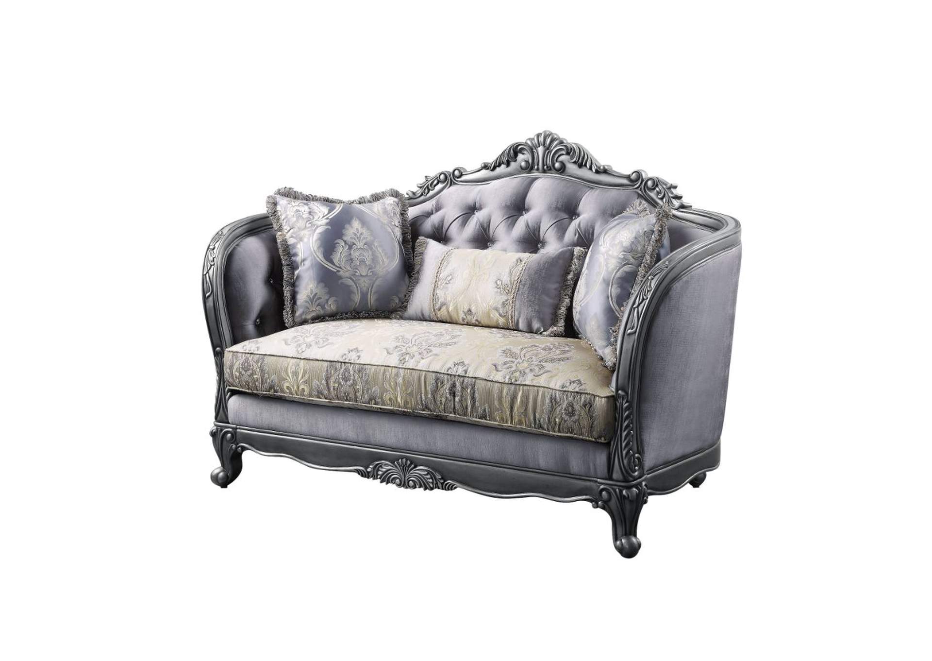 Ariadne Loveseat with 3 Pillows - 55346 - Traditional - Pu, Wood Molding-Leg - Poplar, Frame: Wood - Poplar, Poly-Resin, Foam - Fabric and Platinum image 1