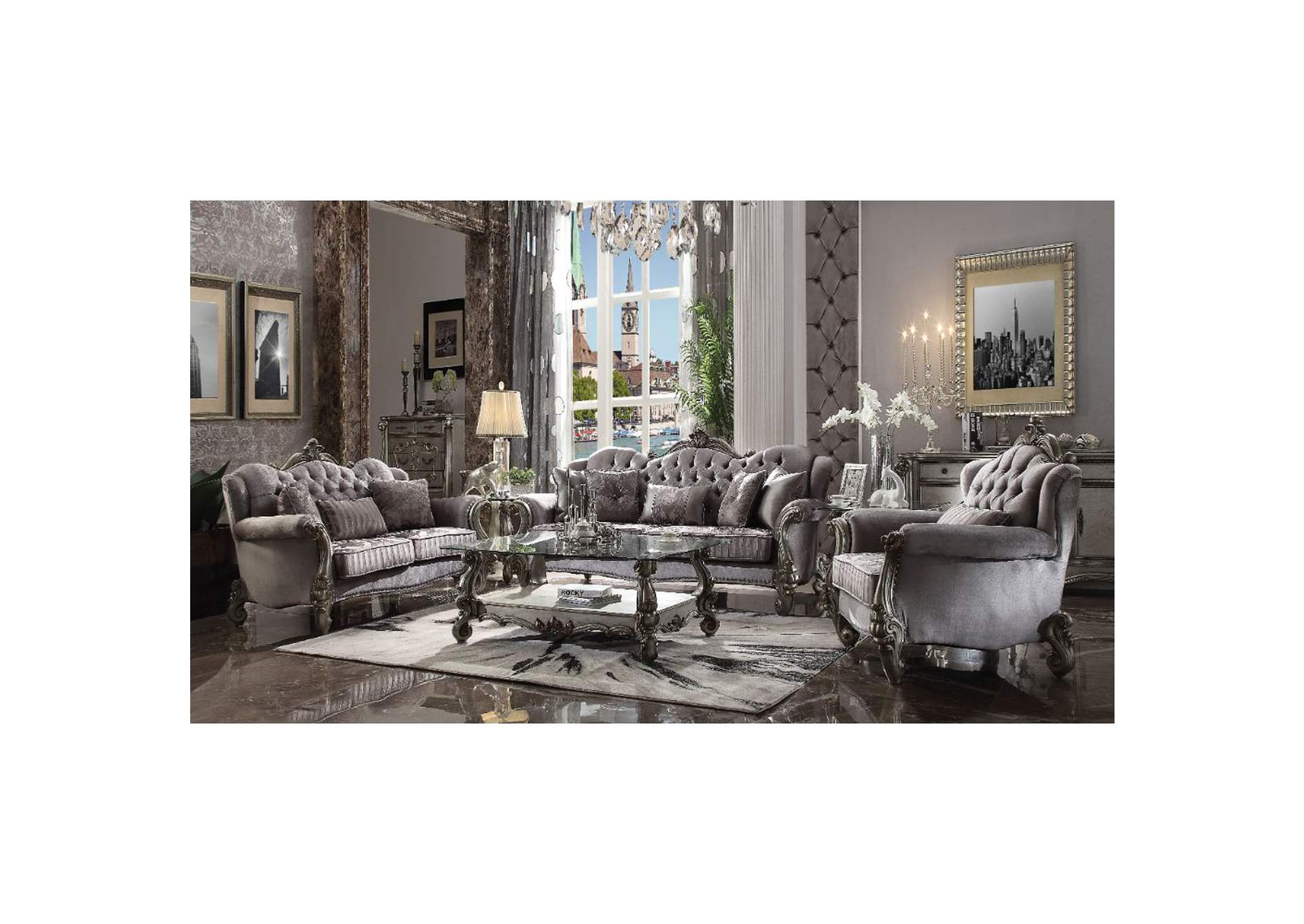 Versailles Loveseat with 3 Pillows, Velvet and Antique Platinum