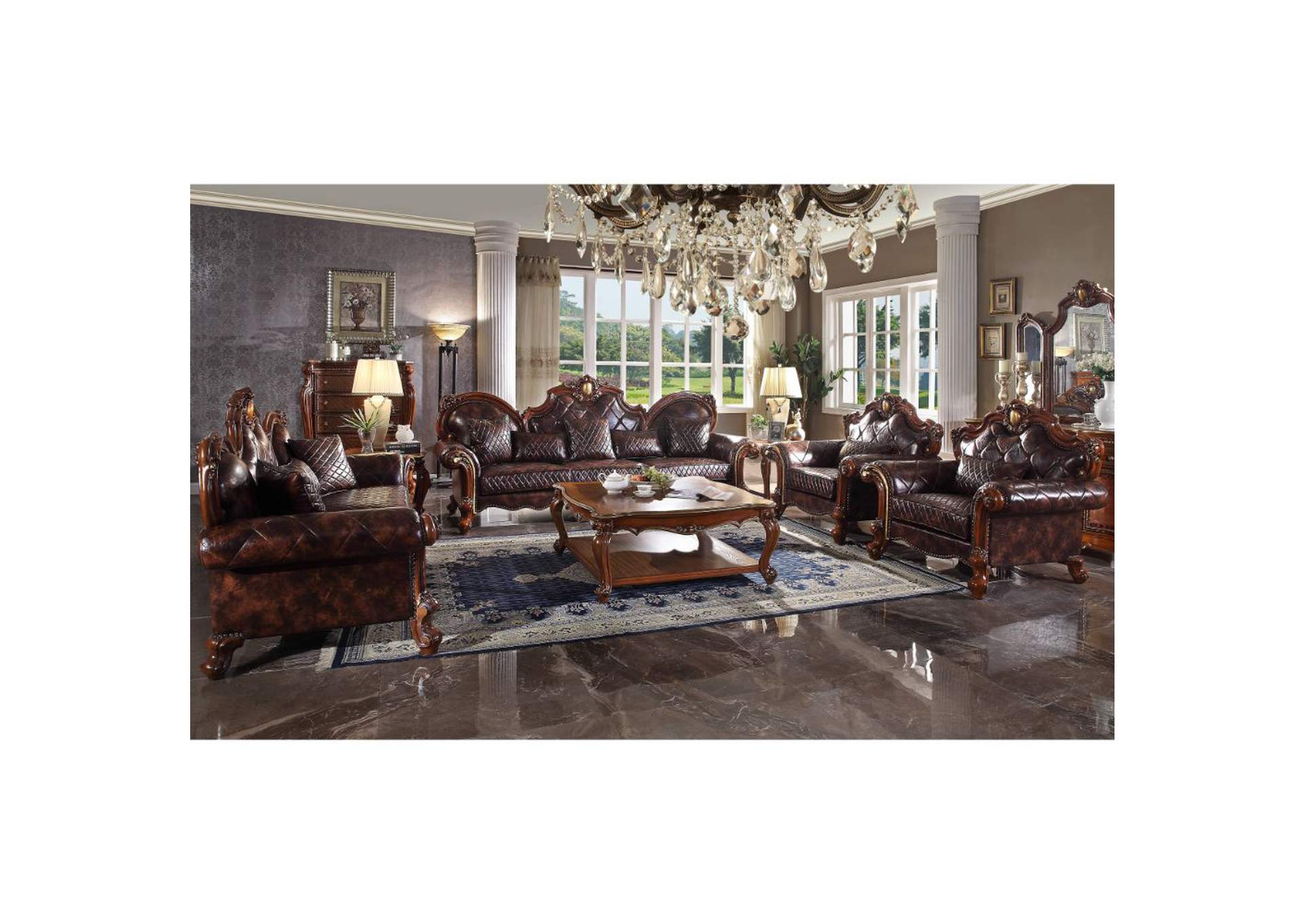 Picardy Oversized Sofa with 5 Pillows - 58220 - Traditional, Vintage - Fabric, Frame: Wood - Solid+Ply, Poly-Resin - Fiberglass - Vintage Cherry Oak and Pu image 6