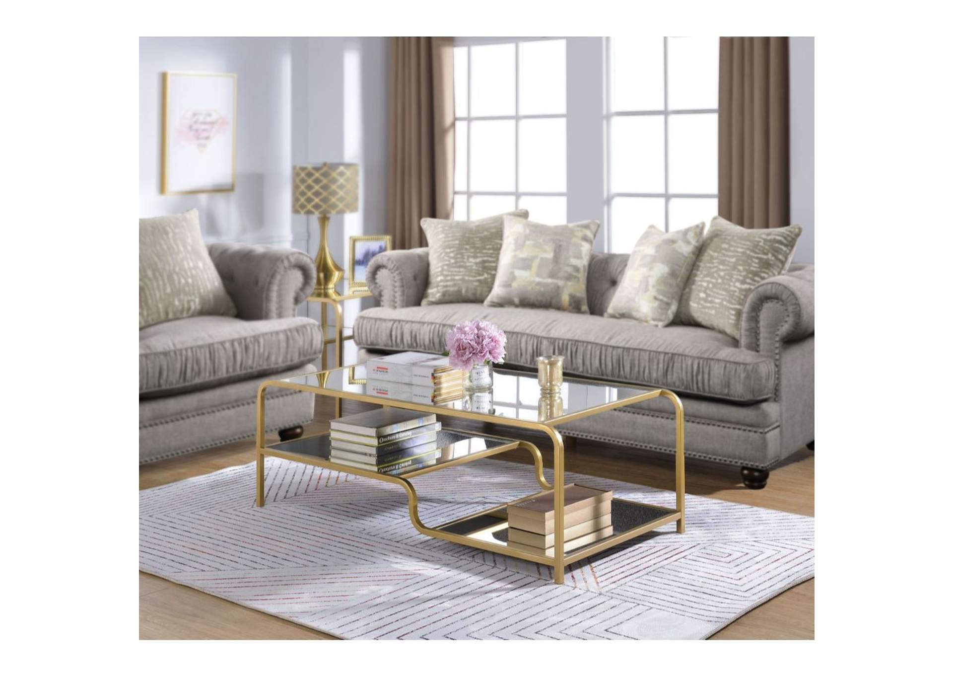 Astrid Coffee Table, Gold and Mirror