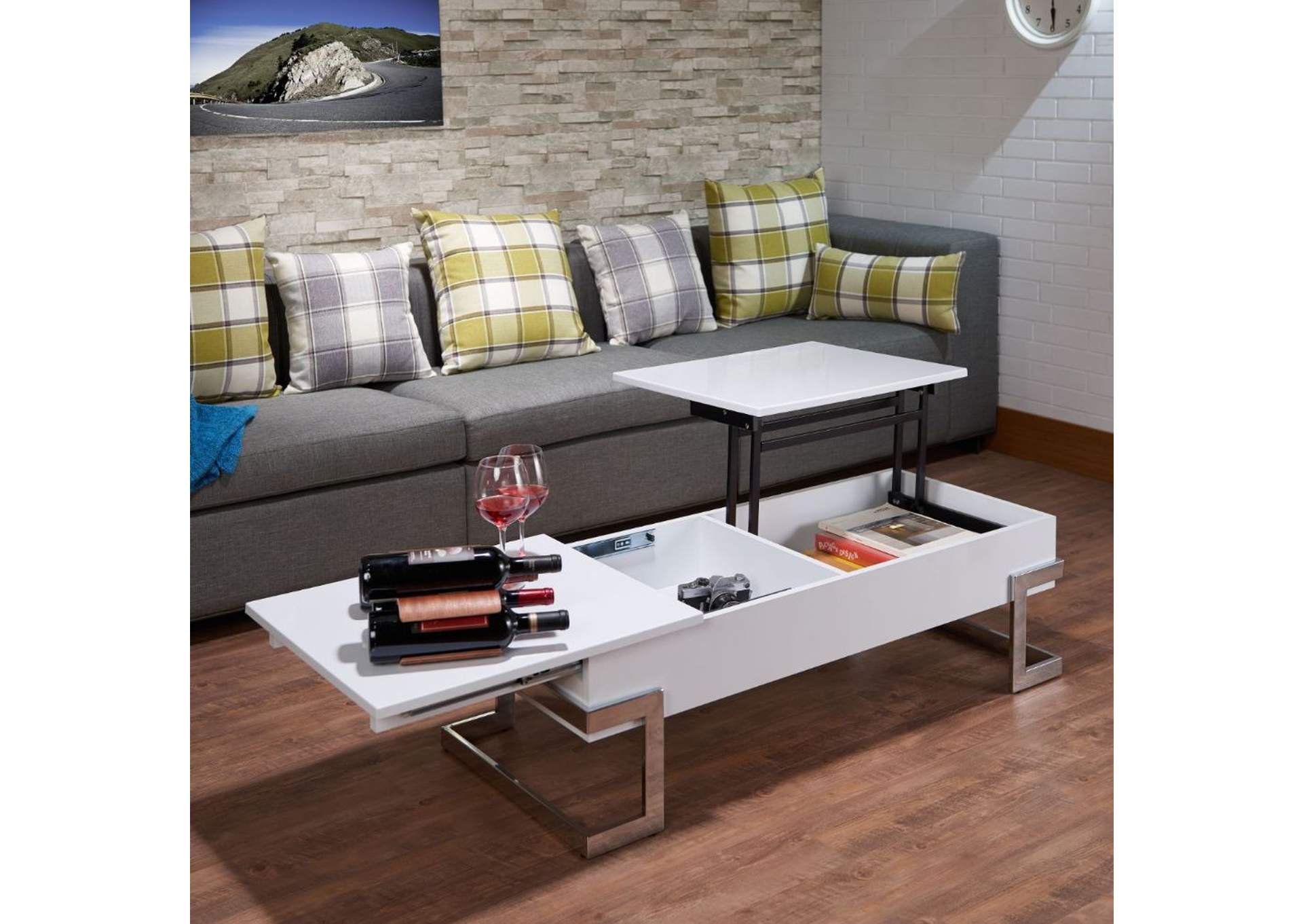 Calnan Coffee Table with Lift Top, White and Chrome image 6
