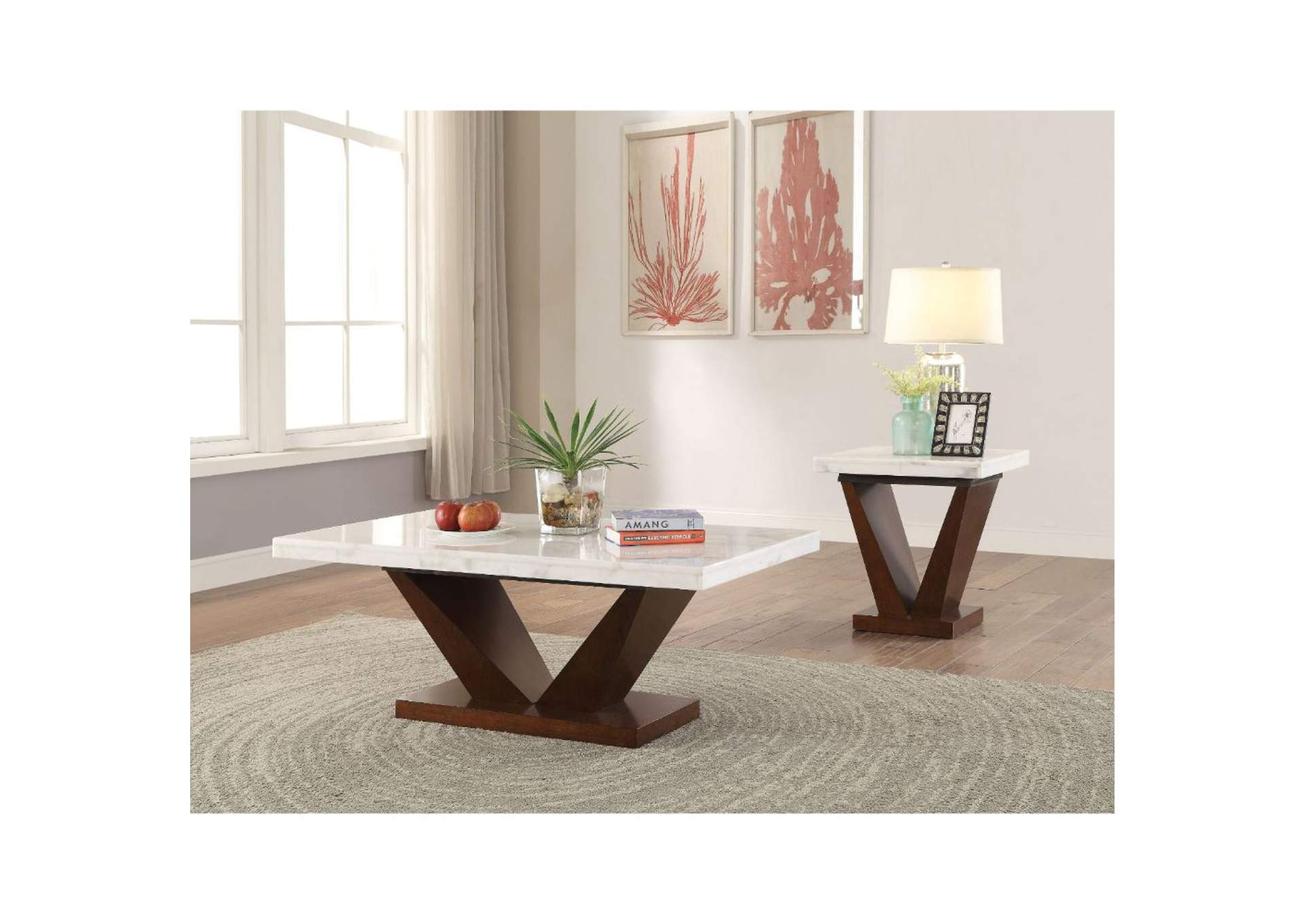 Forbes White Marble & Walnut End Table