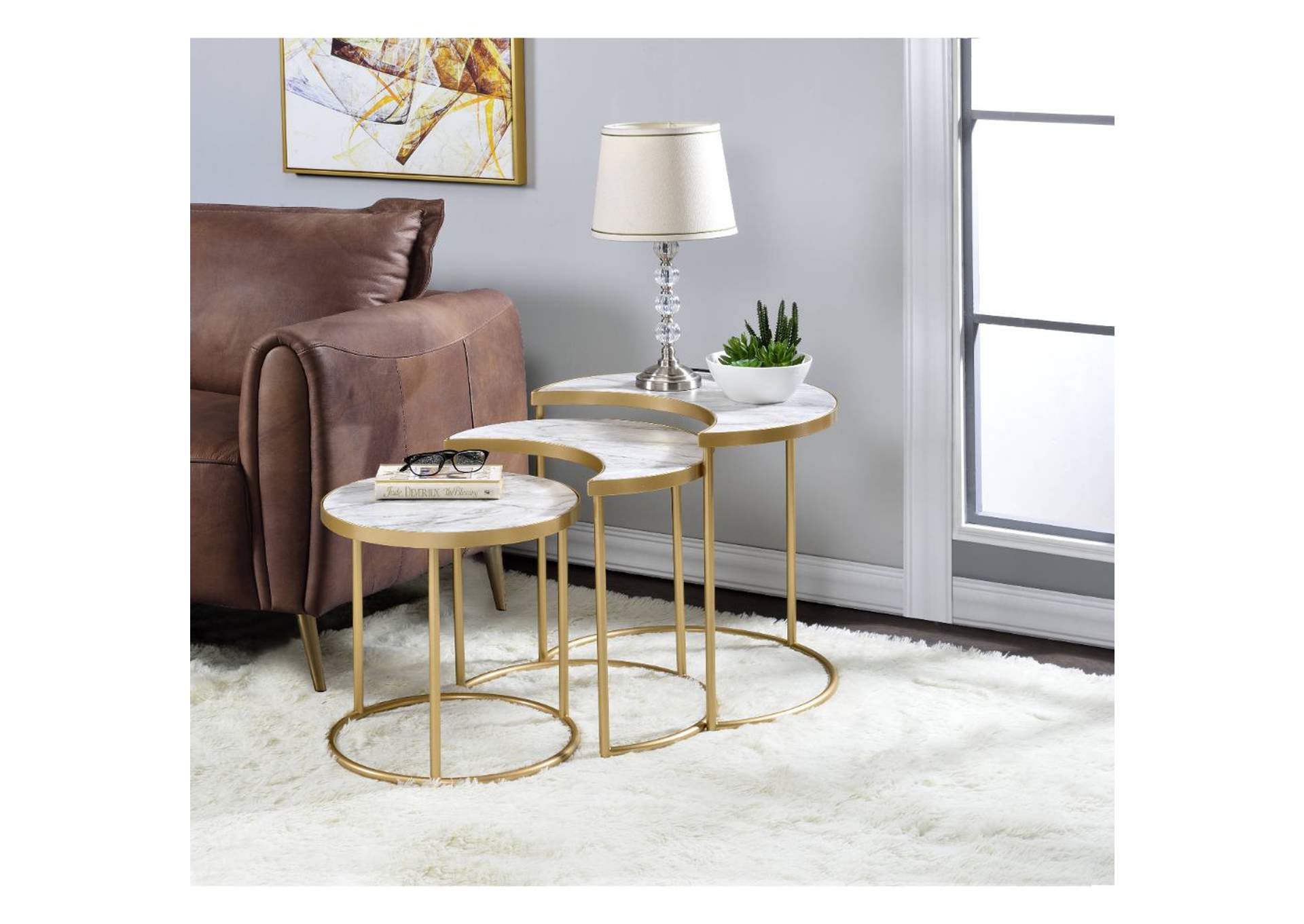 Anpay 3 Pieces Pack Nesting Tables - 85390 - Contemporary - Metal Tube, Paper Laminate, Mdf - Faux Marble and Gold