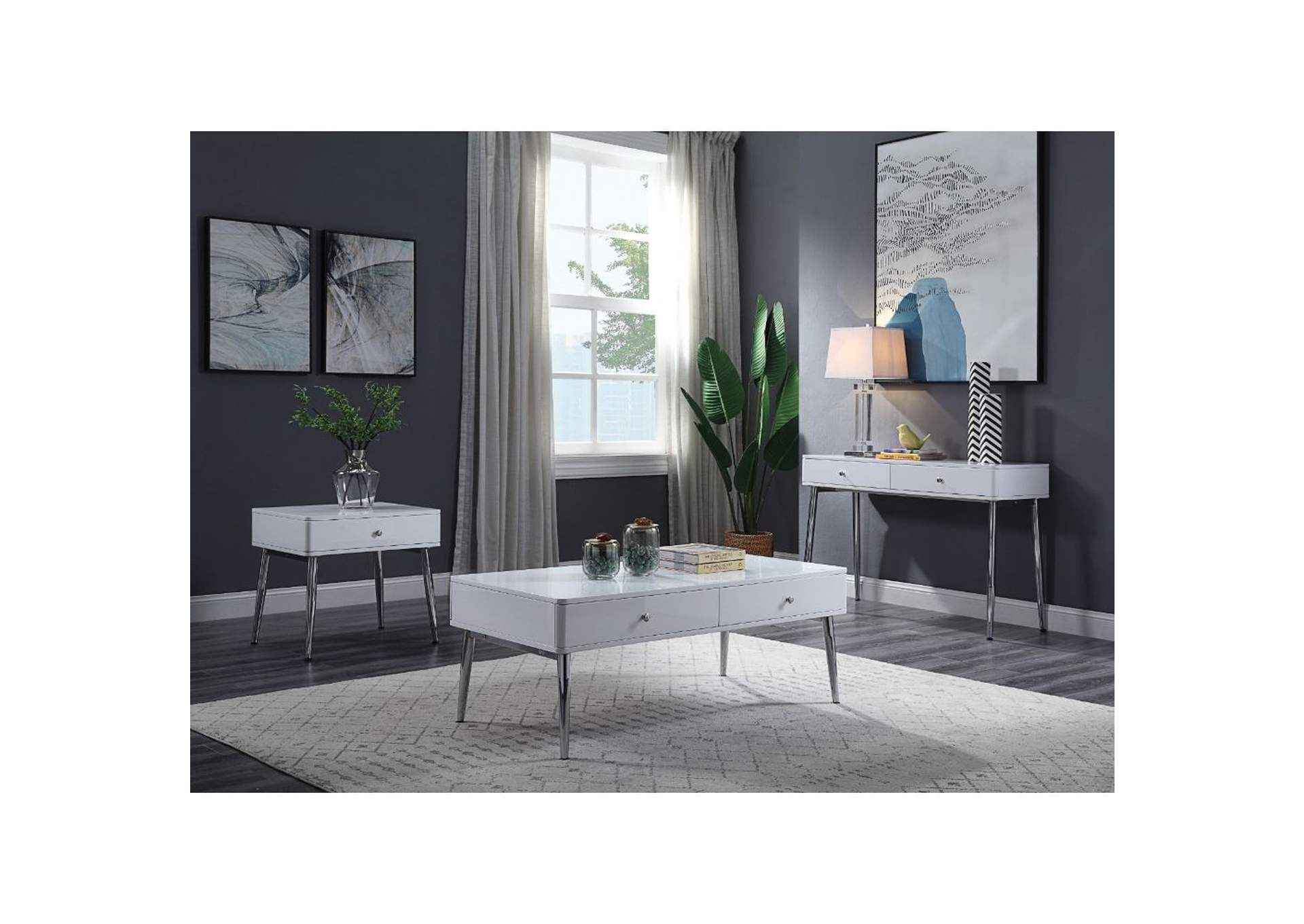 Weizor Coffee Table, White High Gloss and Chrome - 1 Set in 2 Cartons image 1