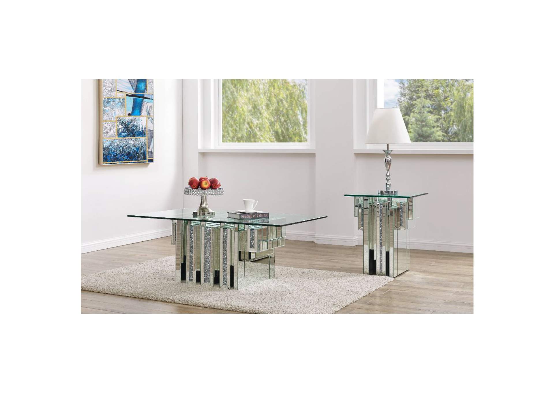 Noralie Coffee Table - 88000 - Glam - Mirror, Glass, Mdf, Faux Diamonds - Acrylic - Mirrored and Faux Diamonds