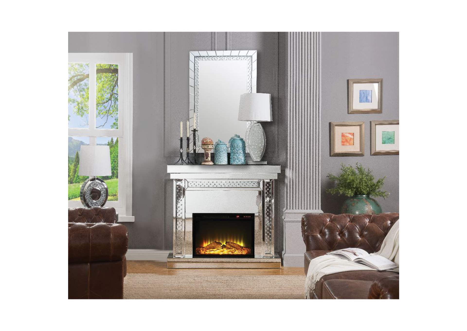 Nysa Fireplace, Mirrored and Faux Crystals