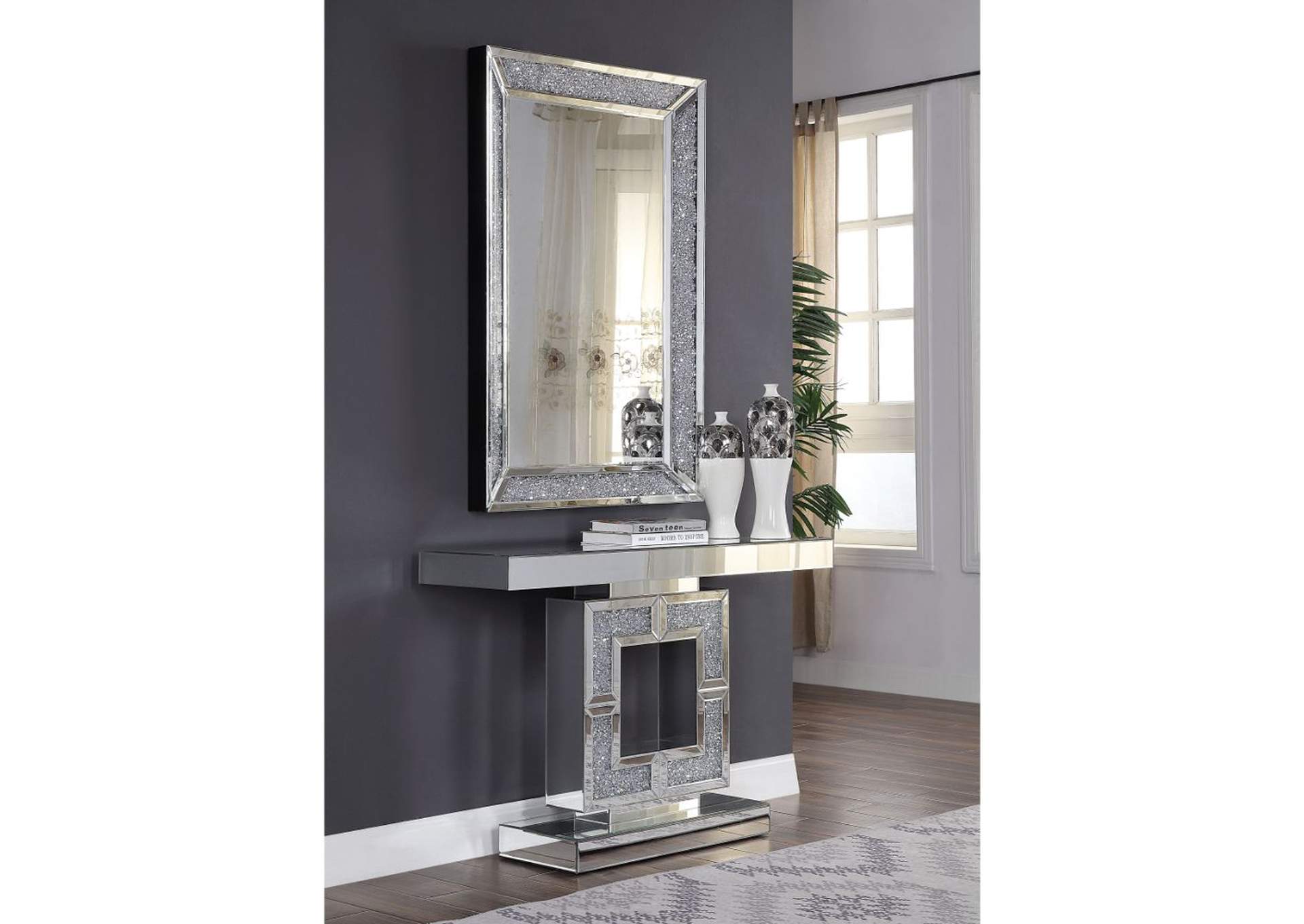 Noralie Console Table, Mirrored and Faux Diamonds - 1 Set in 2 Cartons