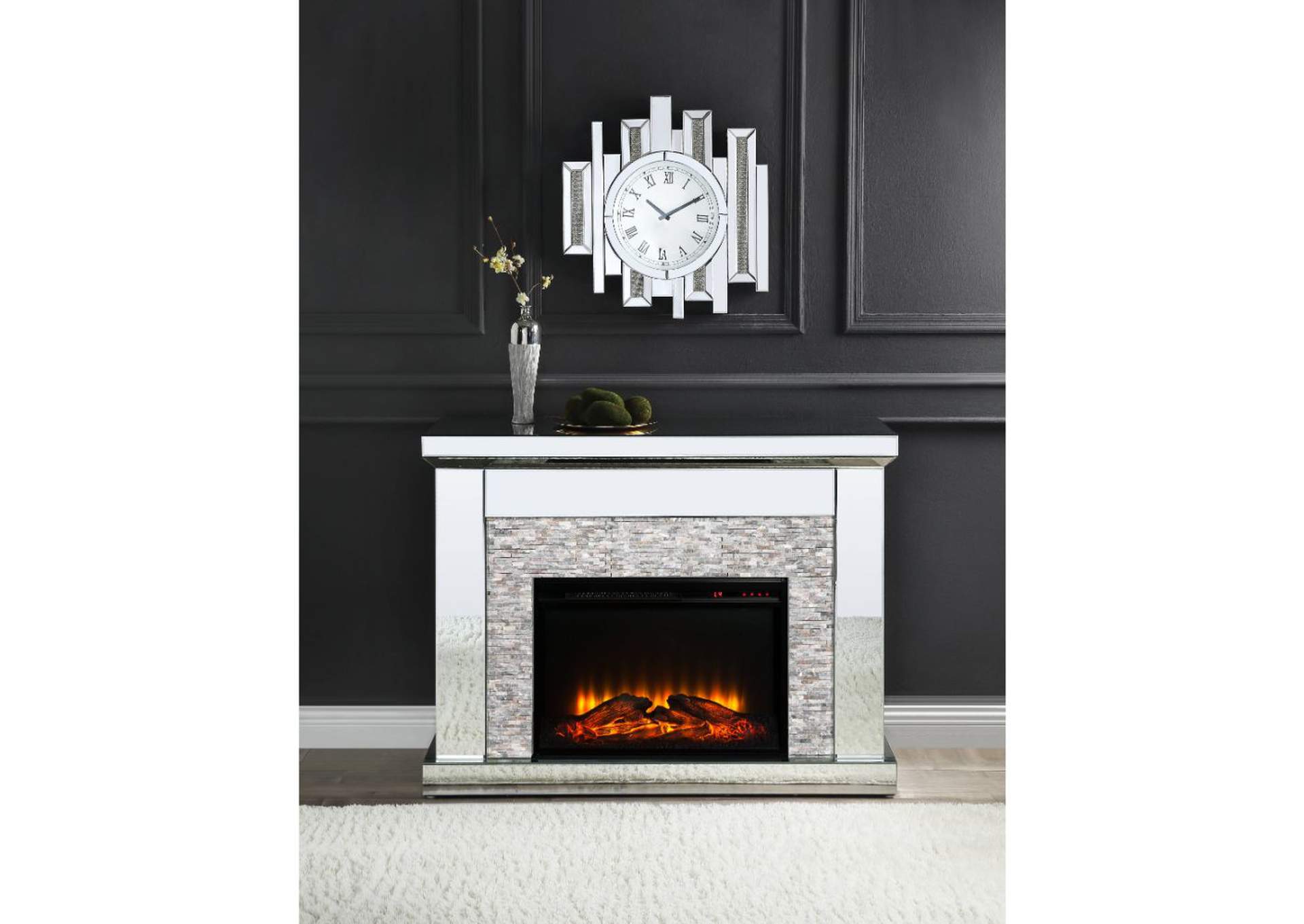 Laksha Fireplace - 90522 - Glam - Led Electric Fireplace, Mirror, Glass, Mdf, Faux Diamonds - Acrylic - Mirrored and Stone