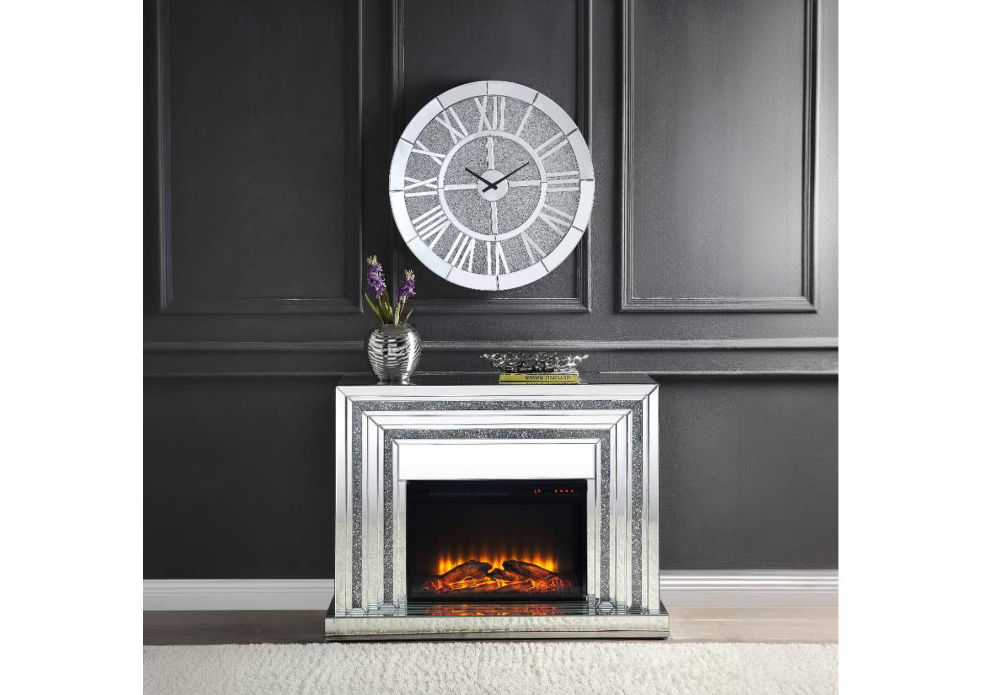 Noralie Fireplace - 90523 - Glam - Led Electric Fireplace, Mirror, Glass, Mdf, Faux Diamonds - Acrylic - Mirrored and Faux Diamonds