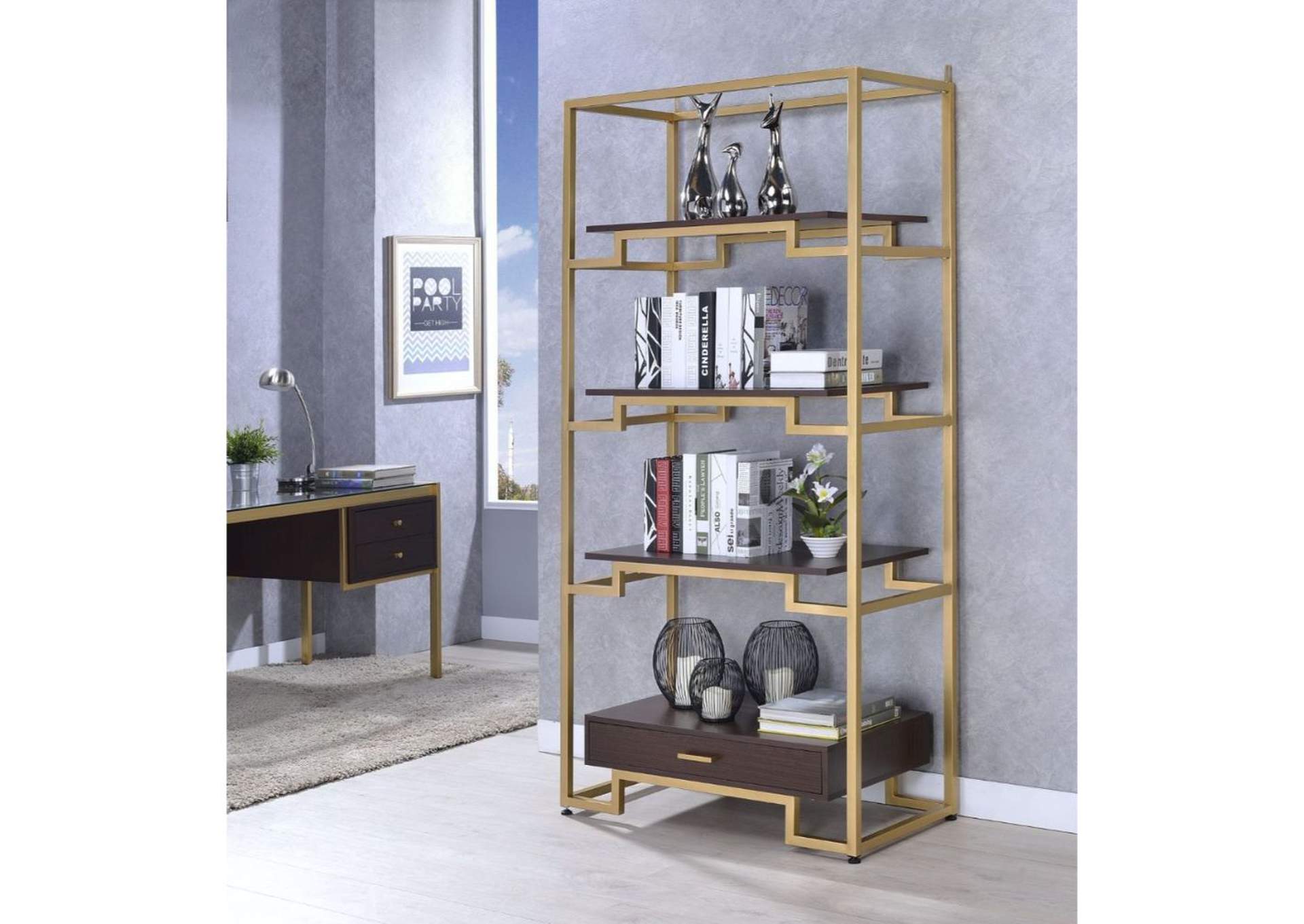 Yumia Bookshelf, Gold and Clear Glass - 1 Set in 2 Cartons