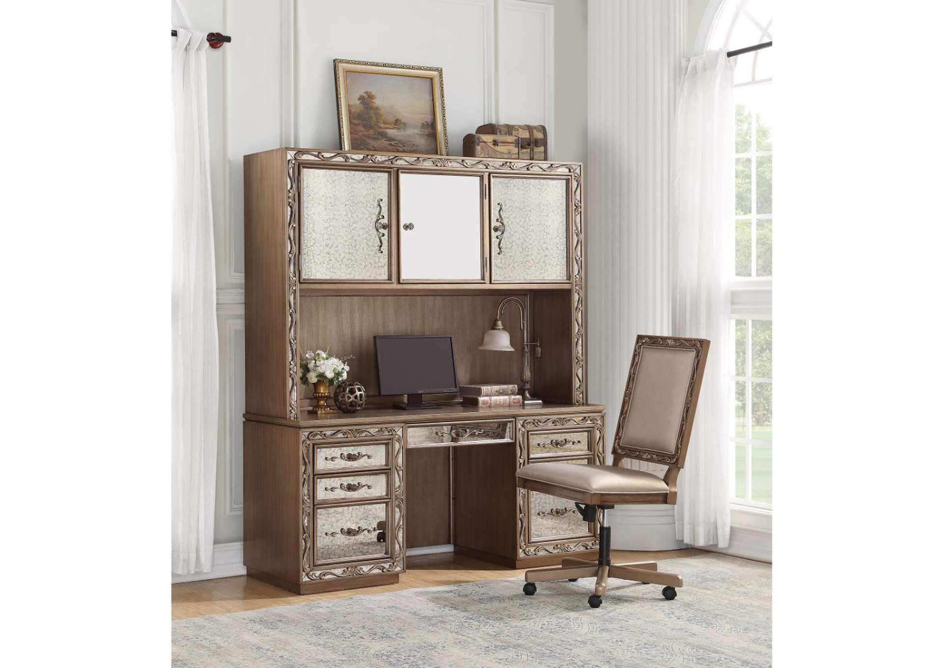 Orianne Computer Desk and Hutch, Antique Gold - 1 Set in 2 Cartons image 10