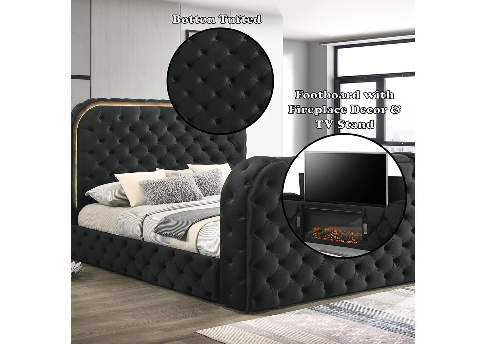 Kana Queen Bed with Led, Fireplace and TV Stand