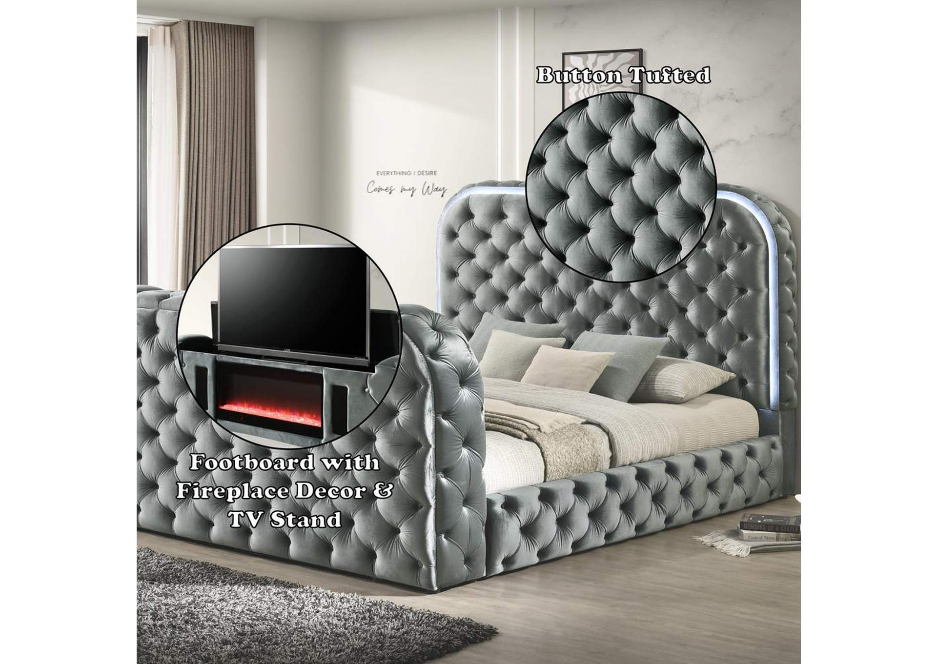 Kana Eastern King Bed with Led, Fireplace and TV Stand image 7