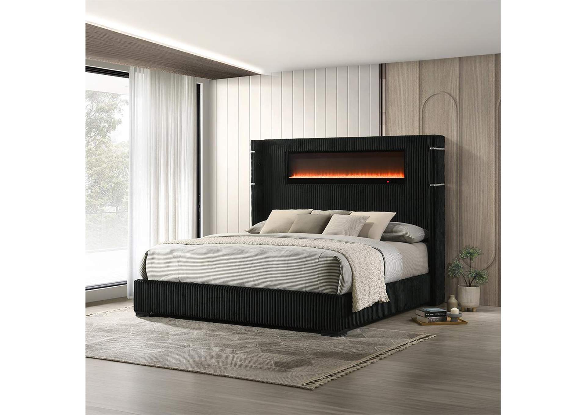 Garner Queen Bed with Fireplace, Led, Reading Light, Speaker, Bluetooth and USB image 1
