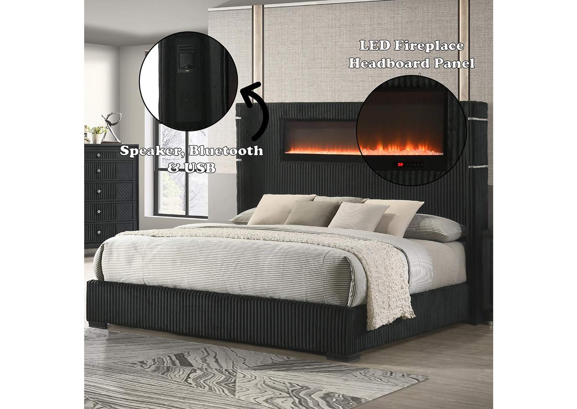 Garner Queen Bed with Fireplace, Led, Reading Light, Speaker, Bluetooth and USB image 10