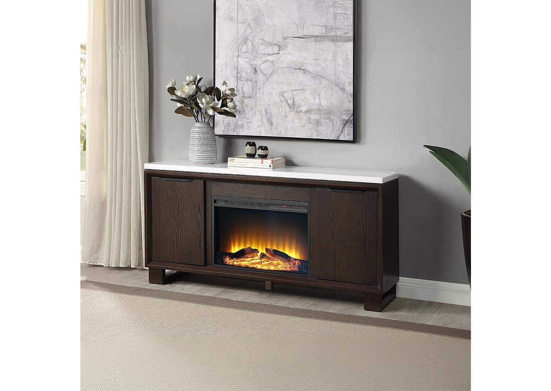 Edwyn Server with Natural Marble Top and Fireplace image 1