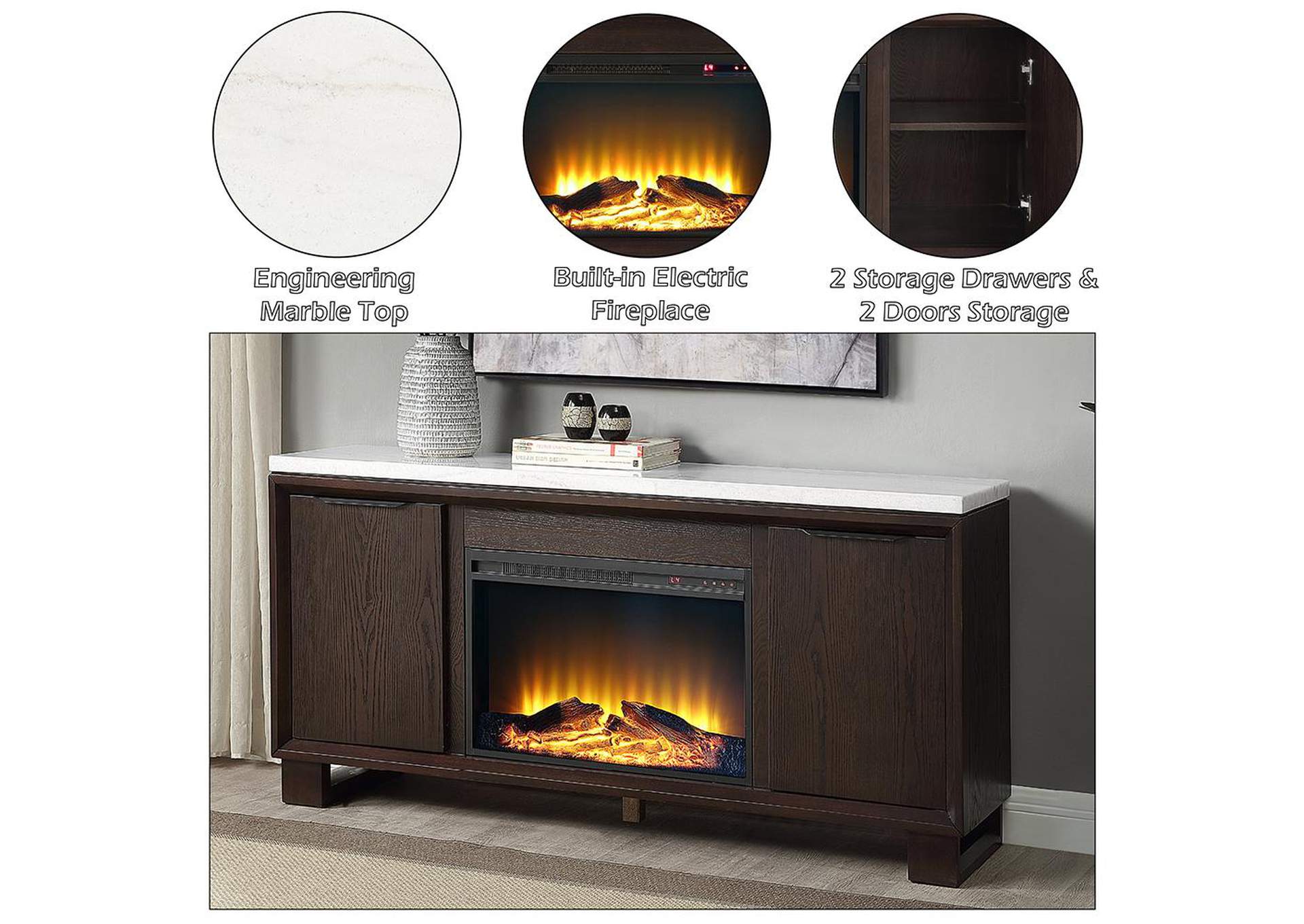 Edwyn Server with Natural Marble Top and Fireplace image 10