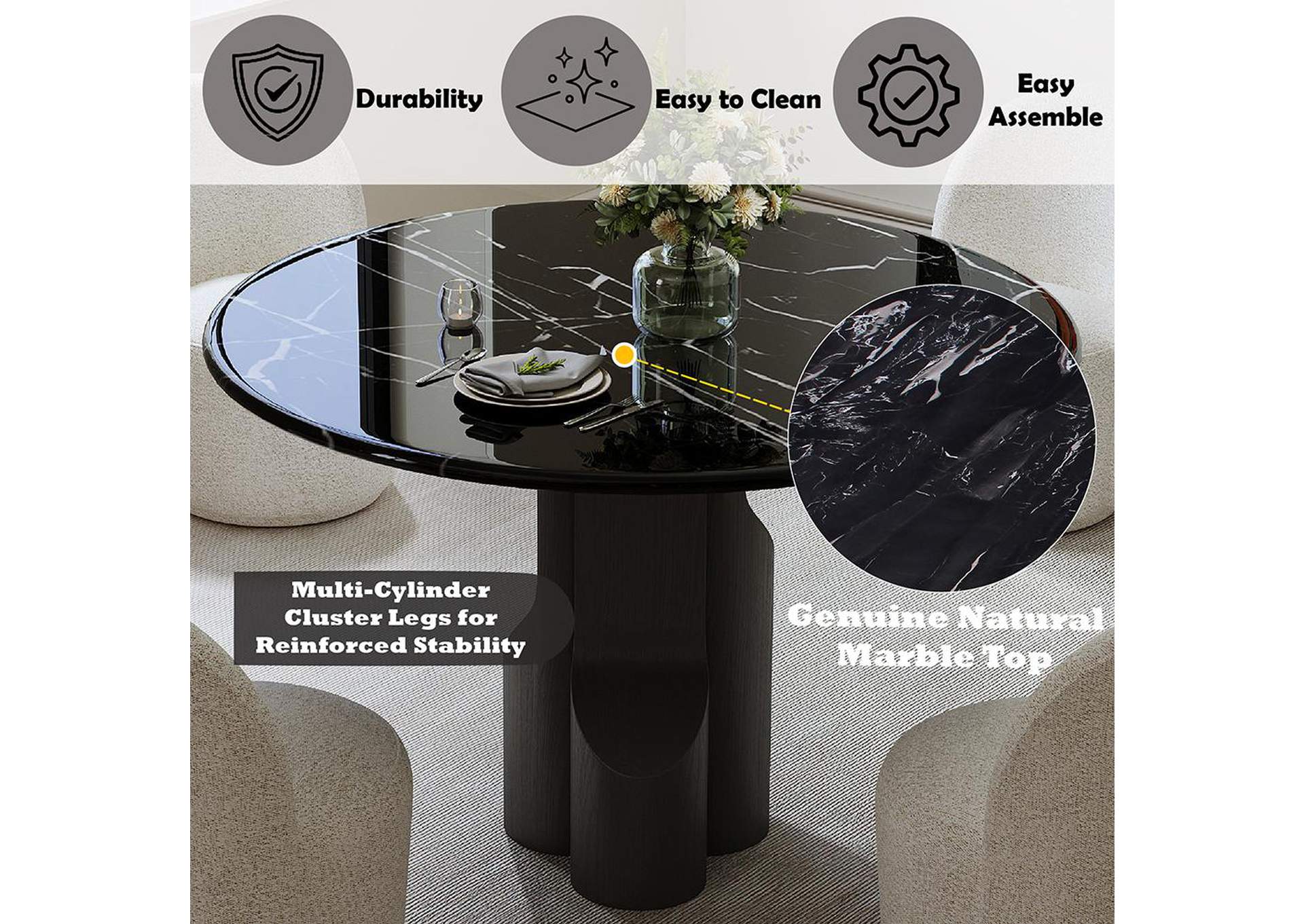 Kinton Round Dining Table with Natural Marble Top image 8