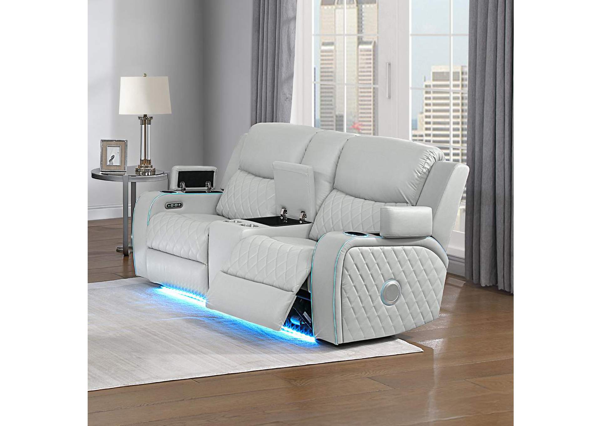 Elonzo Power Motion Loveseat with Console, Led, Power Headrest and Speaker image 1