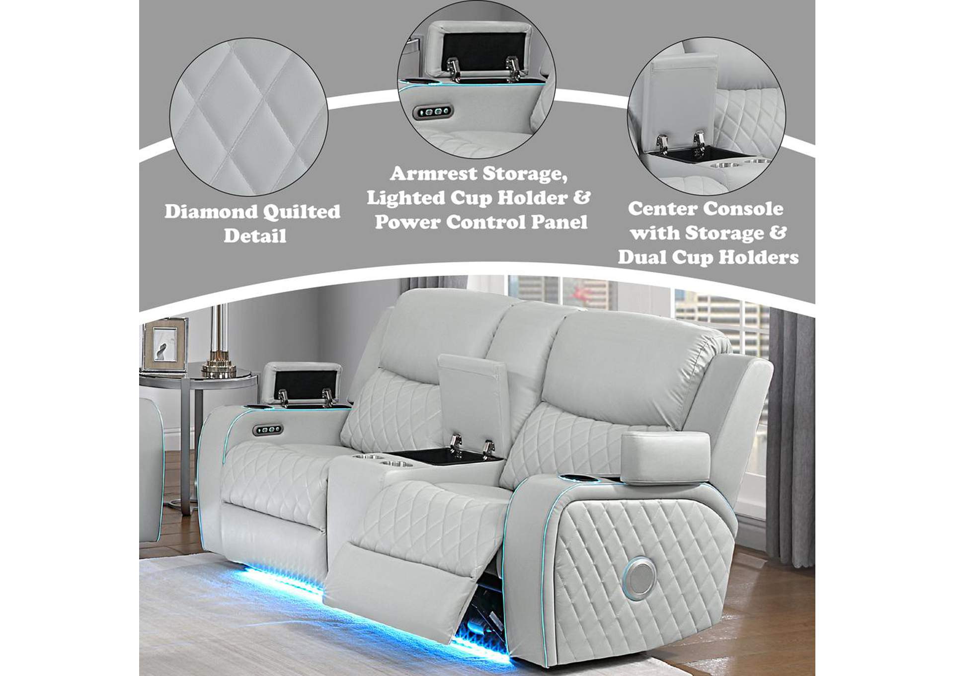 Elonzo Power Motion Loveseat with Console, Led, Power Headrest and Speaker image 14