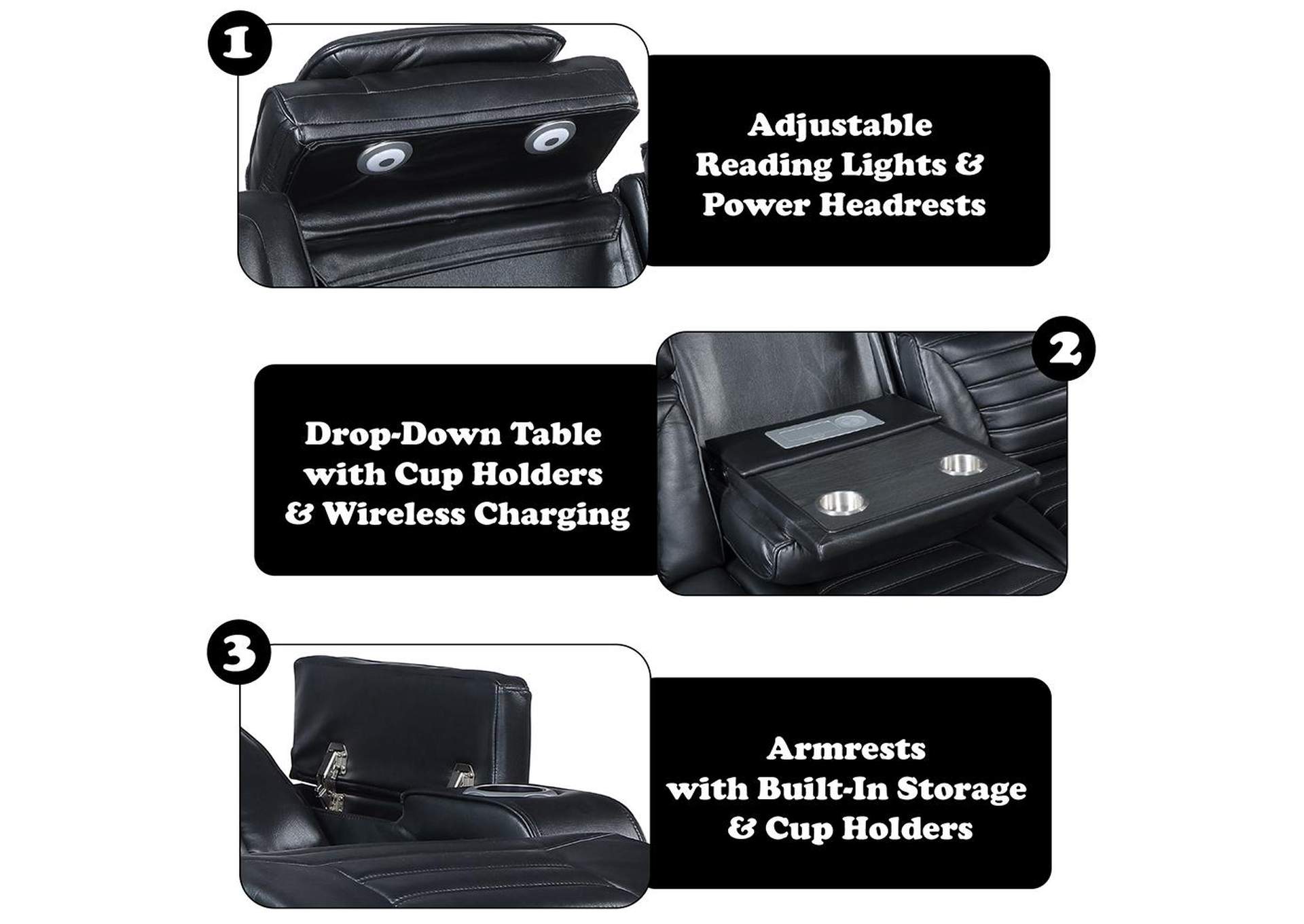 Ephron Power Motion Sofa with Dropdown Table, Wireless Charging, Reading Light, Power Headrests and Led image 9